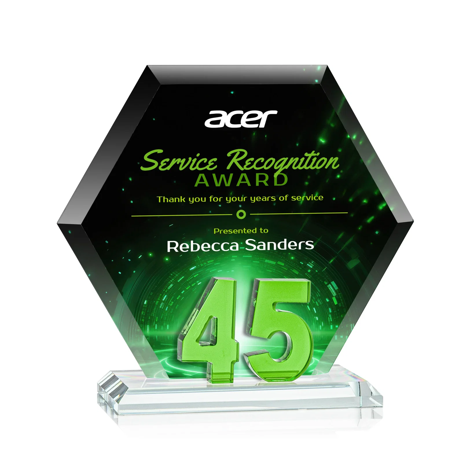 Personalized Starfire Crystal Hexagon 45-Year Anniversary Award, awards for sales achievement awards