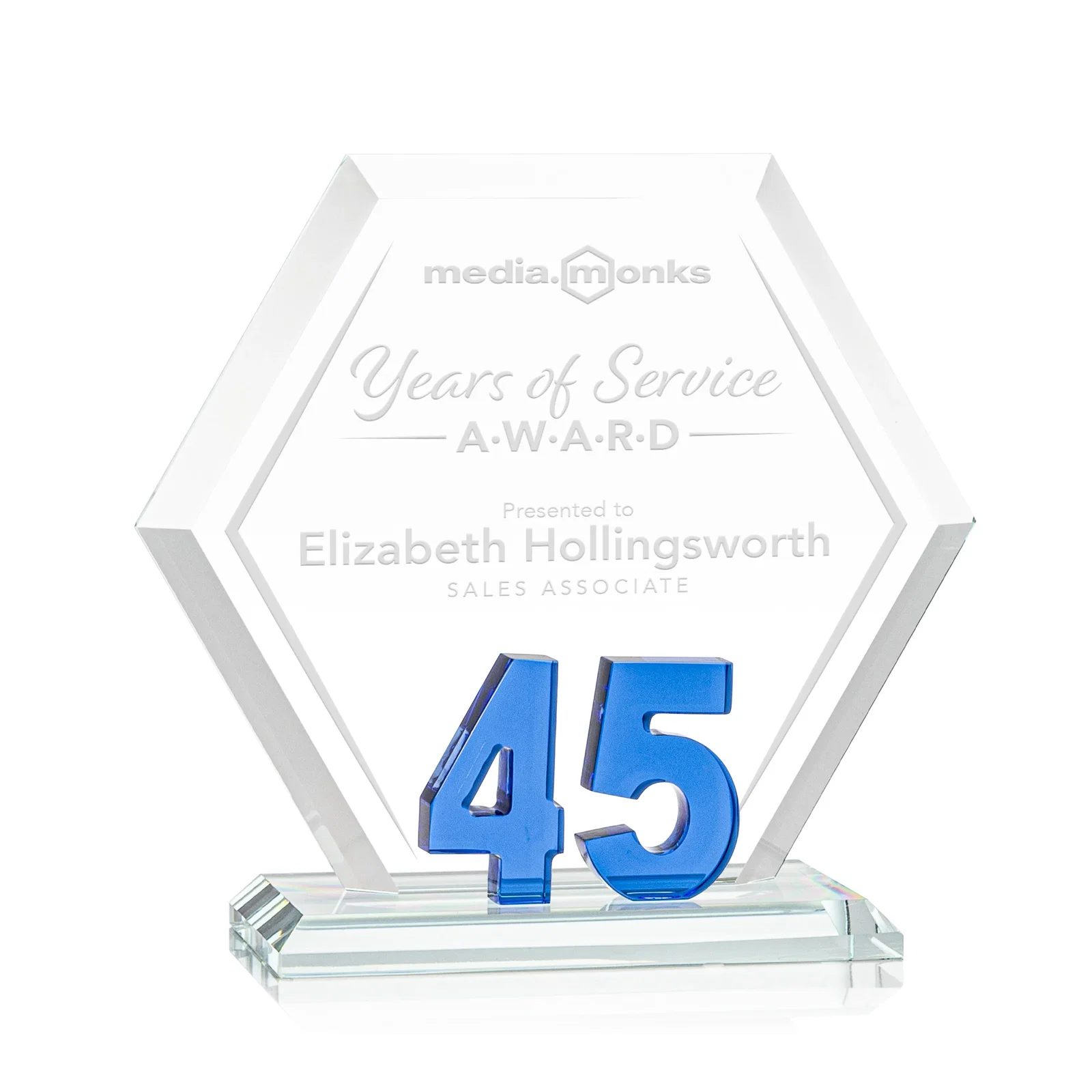Custom Starfire Crystal Hexagon 45-Year Anniversary Award, awards for corporate award ceremonies