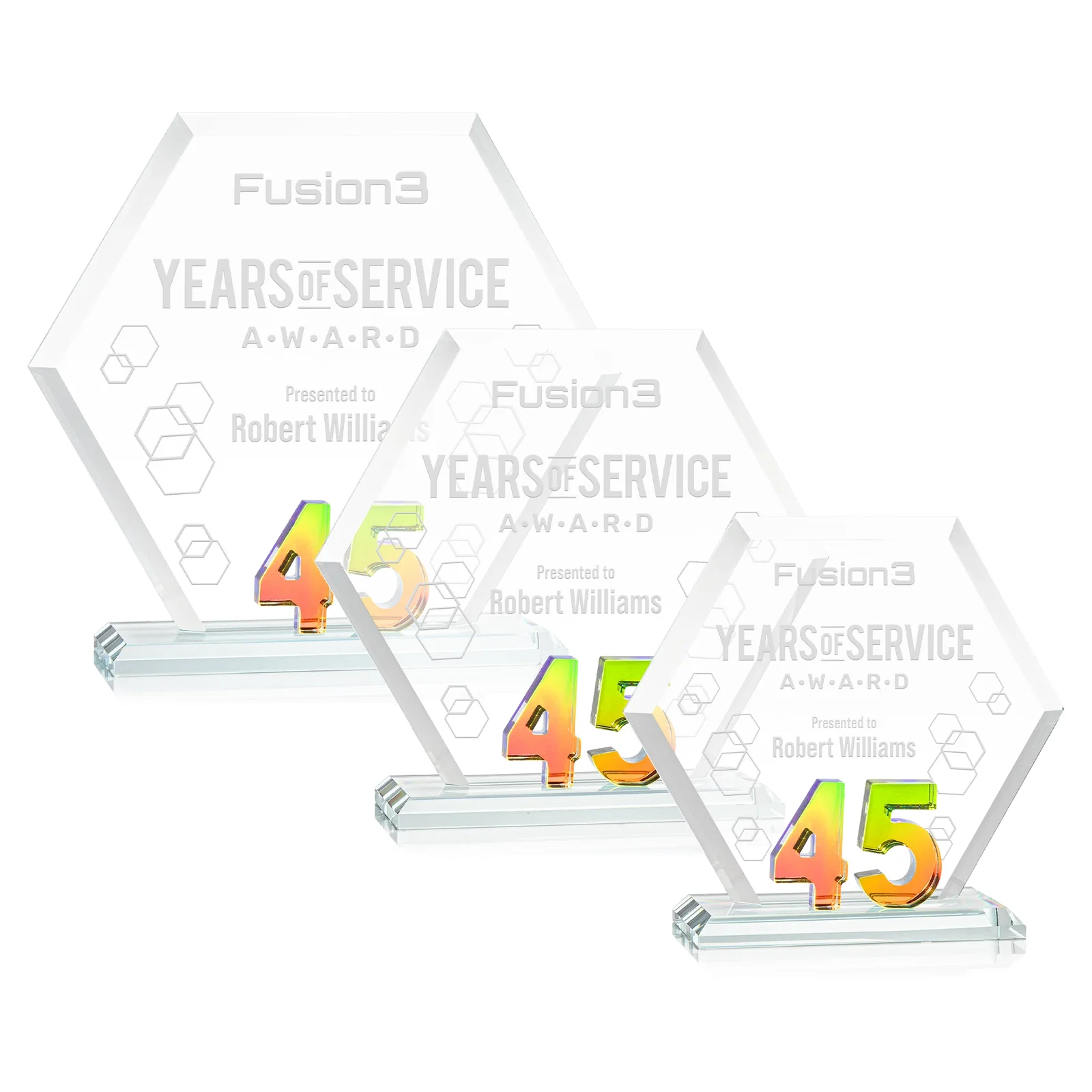 Personalized Starfire Crystal Hexagon 45-Year Anniversary Award, awards for donor appreciation