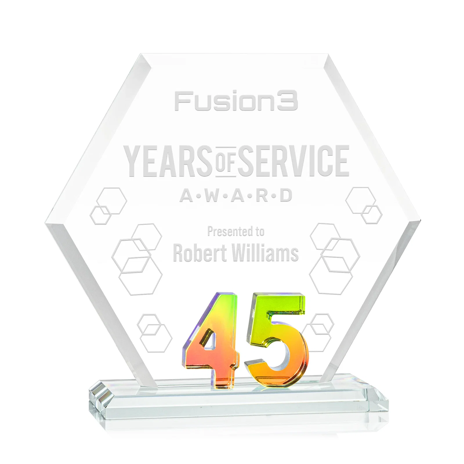 Personalized Starfire Crystal Hexagon 45-Year Anniversary Award, awards for safety achievement programs