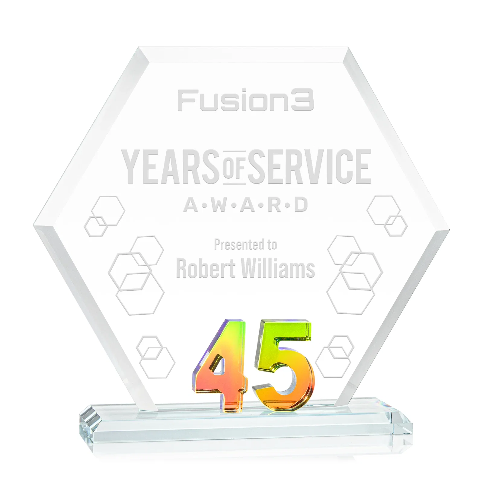 Personalized Starfire Crystal Hexagon 45-Year Anniversary Award, awards for volunteer appreciation