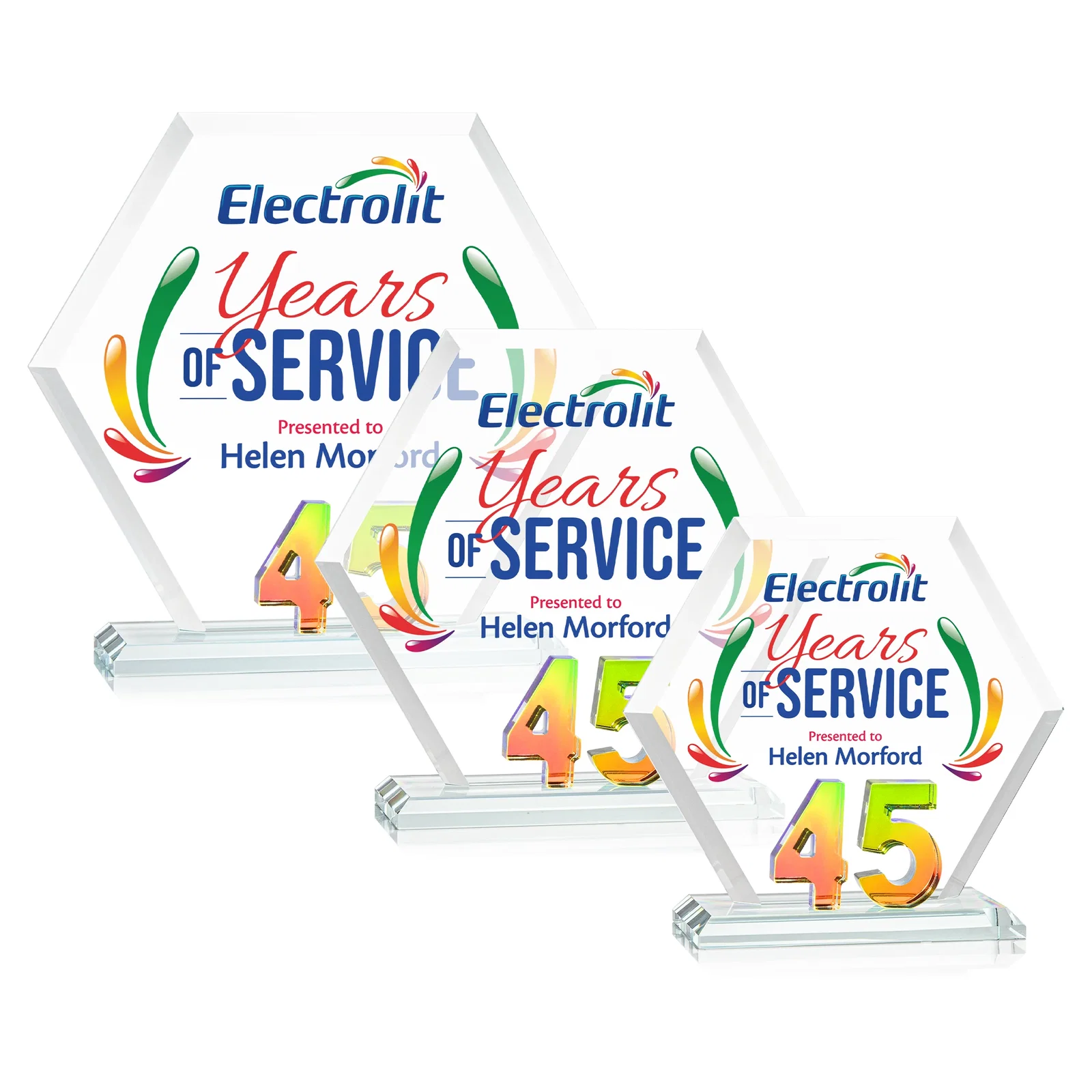 Personalized Starfire Crystal Hexagon 45-Year Anniversary Award, awards for dealer and partner awards