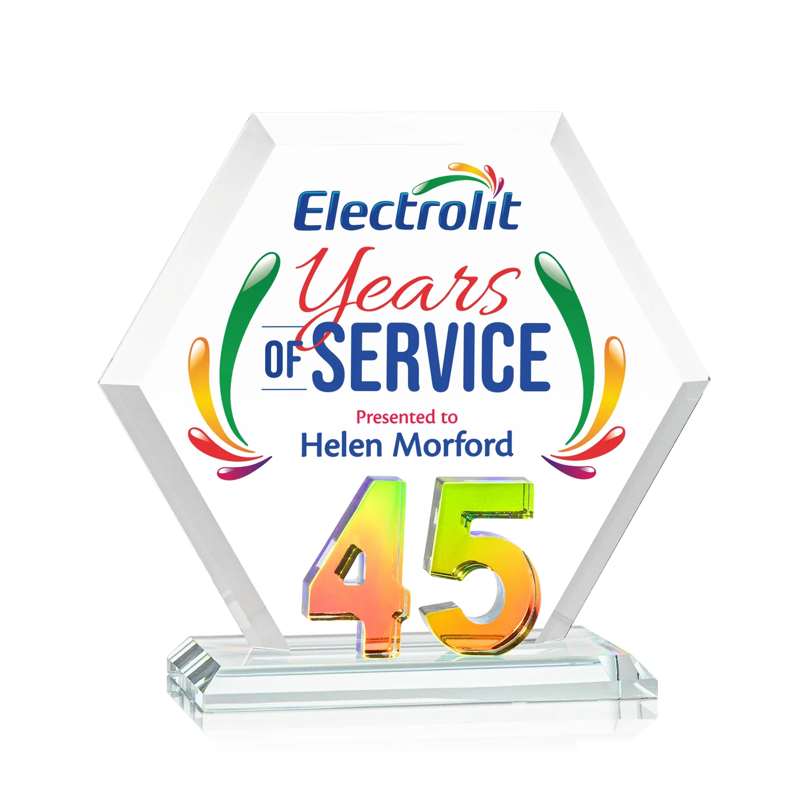 Personalized Starfire Crystal Hexagon 45-Year Anniversary Award, awards for company anniversary events