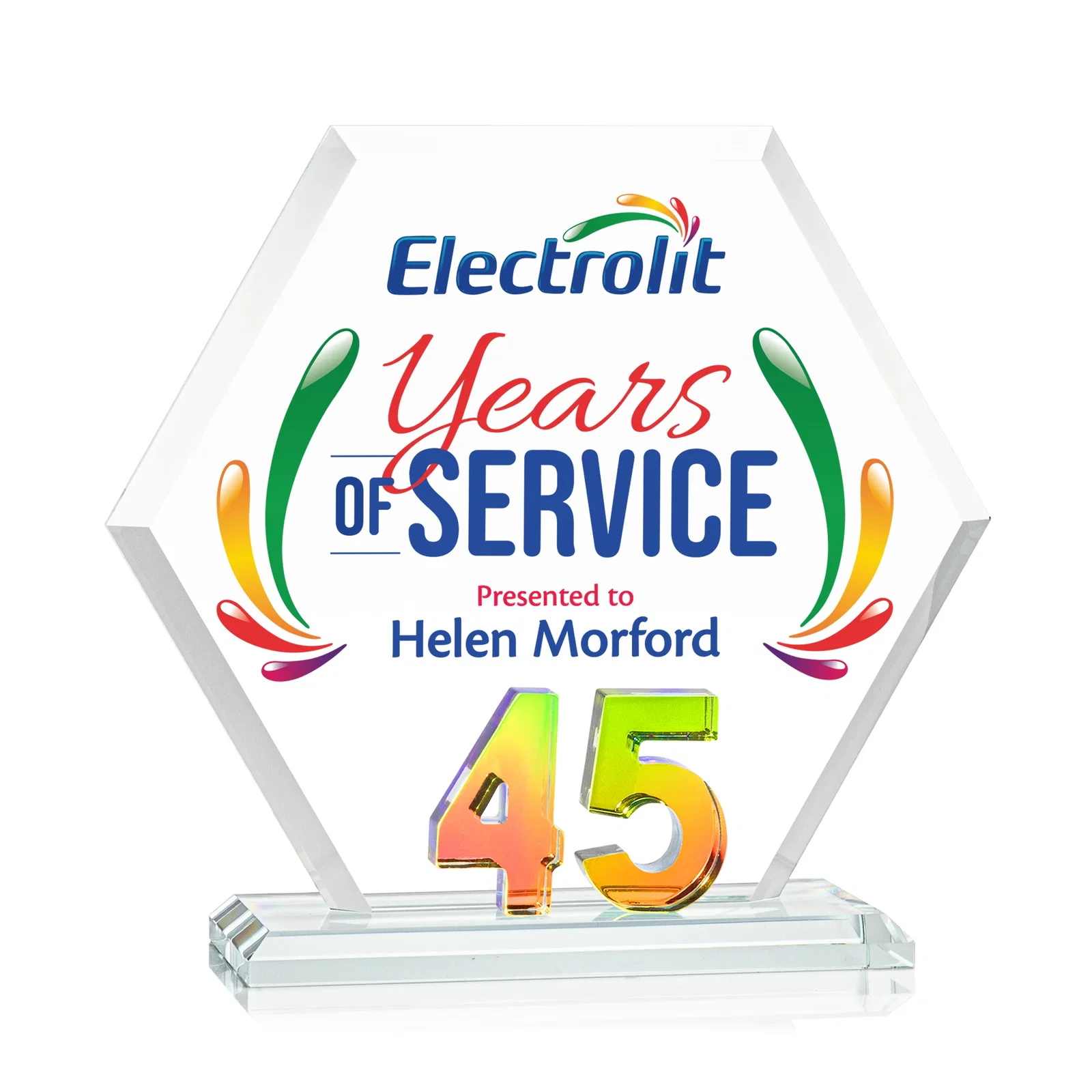 Promotional Starfire Crystal Hexagon 45-Year Anniversary Award, awards for employee recognition