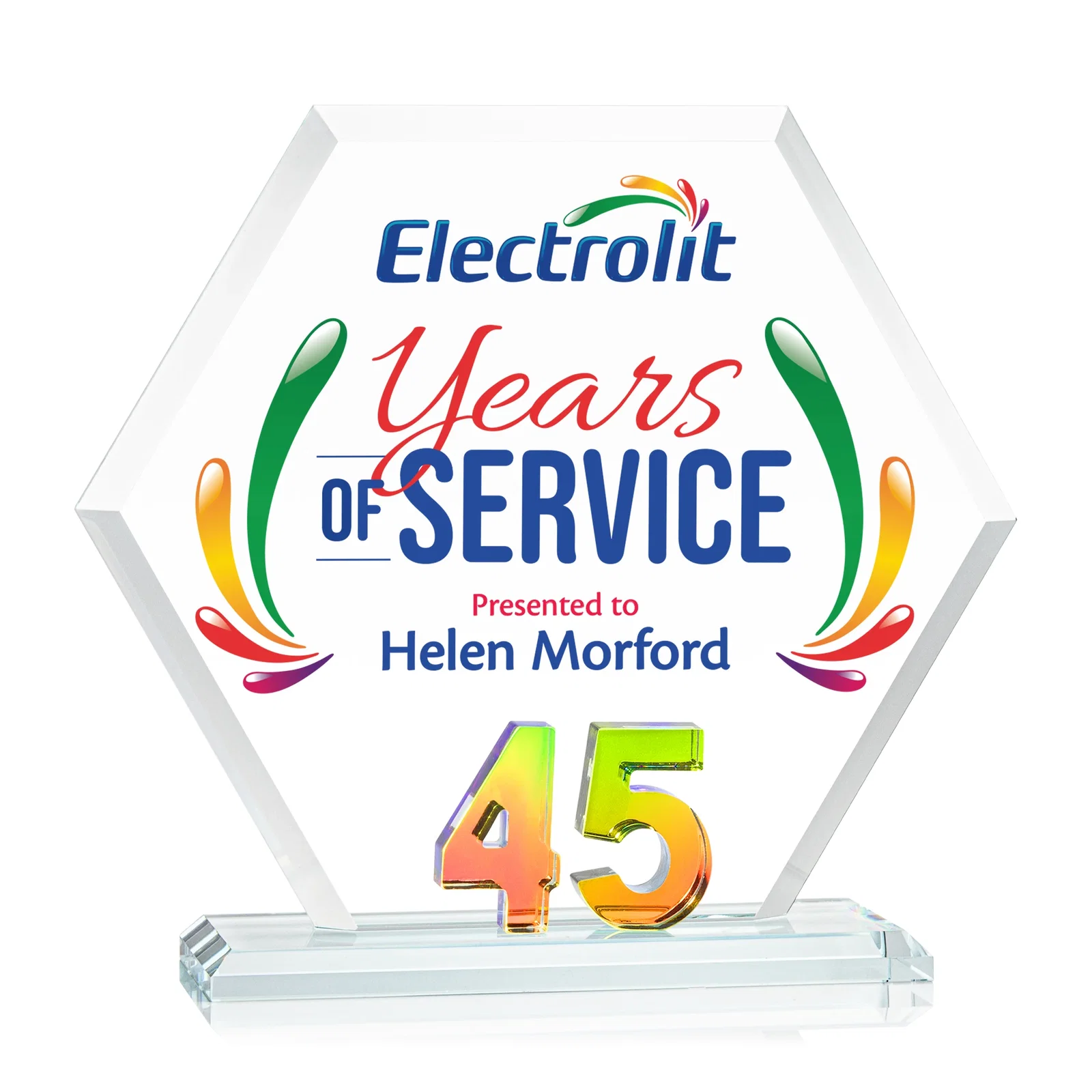 Promotional Starfire Crystal Hexagon 45-Year Anniversary Award, awards for corporate award ceremonies