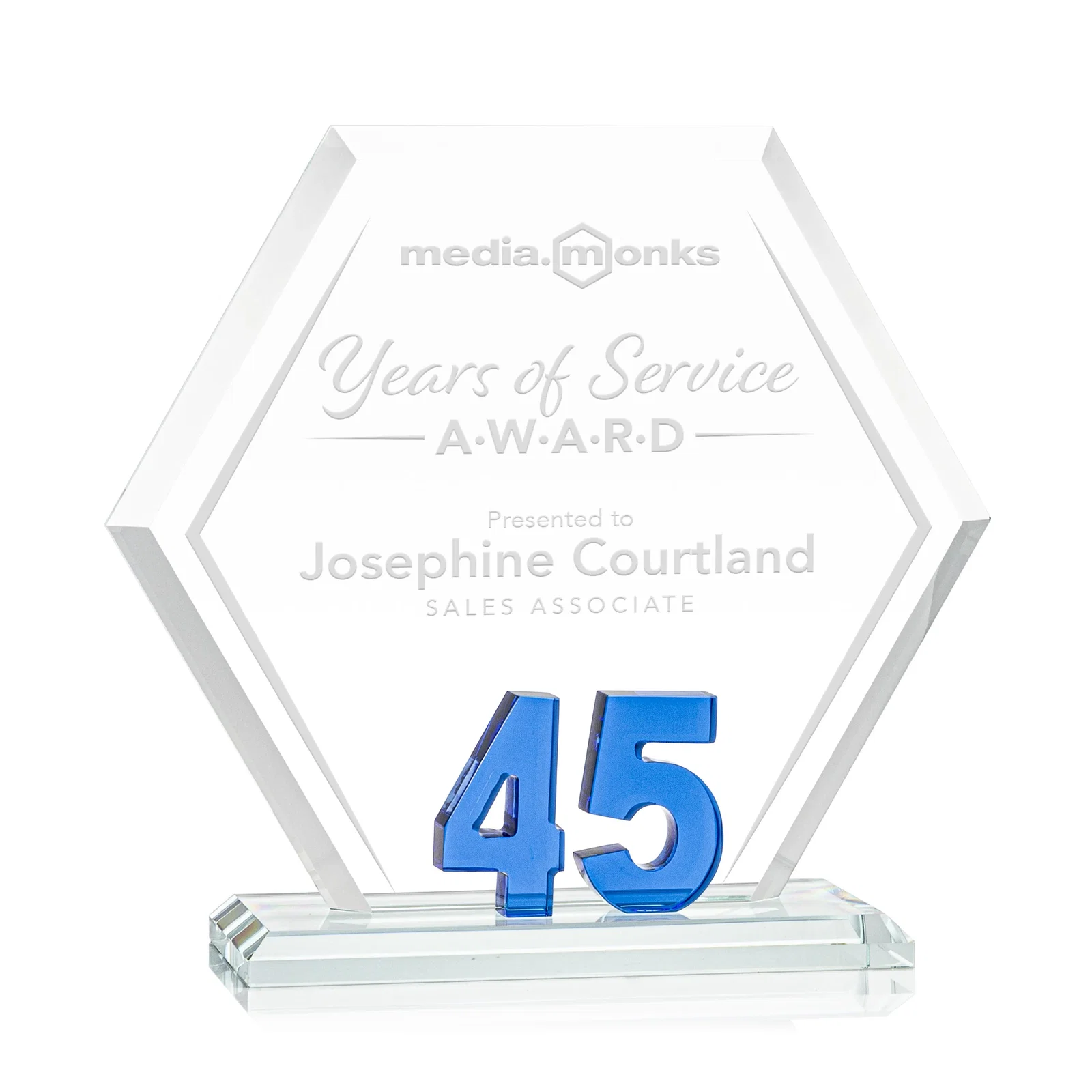 Custom Starfire Crystal Hexagon 45-Year Anniversary Award, awards for service anniversary gifts
