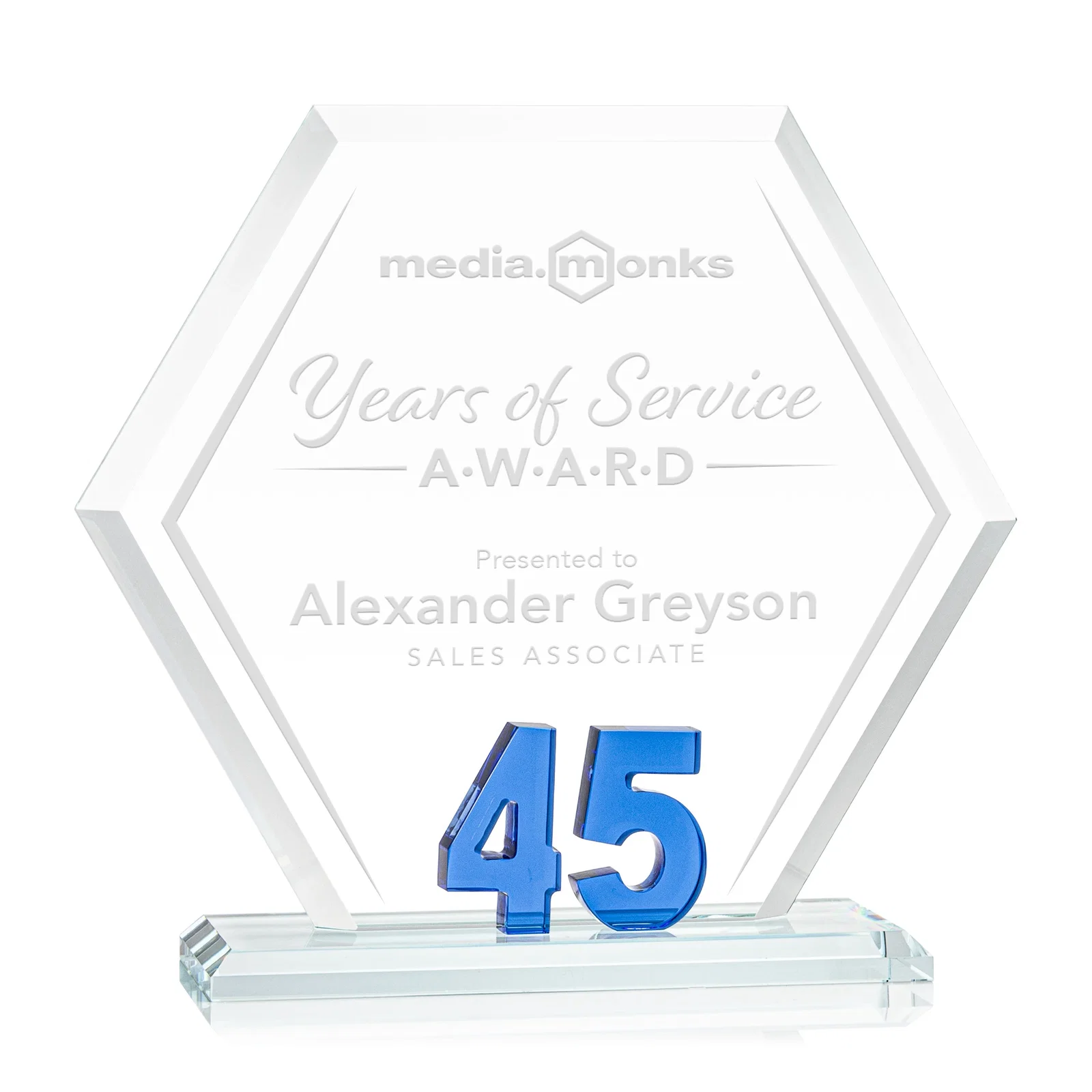 Custom Starfire Crystal Hexagon 45-Year Anniversary Award, awards for sales achievement awards