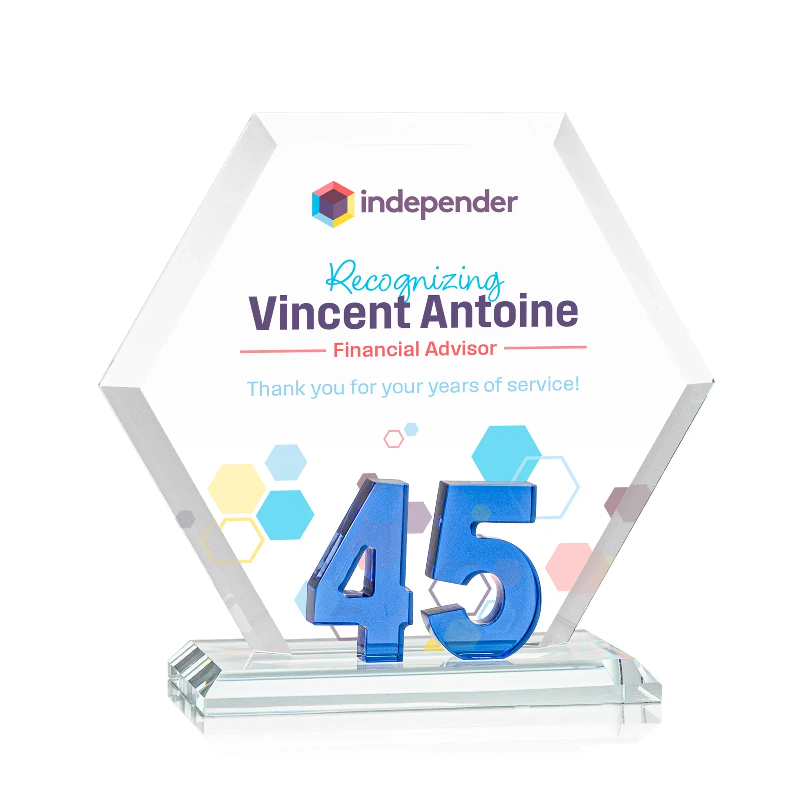 Custom Starfire Crystal Hexagon 45-Year Anniversary Award, awards for team milestone celebrations