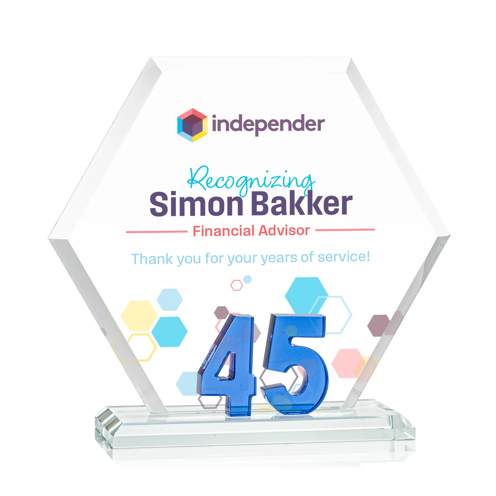 Custom Starfire Crystal Hexagon 45-Year Anniversary Award, awards for donor appreciation