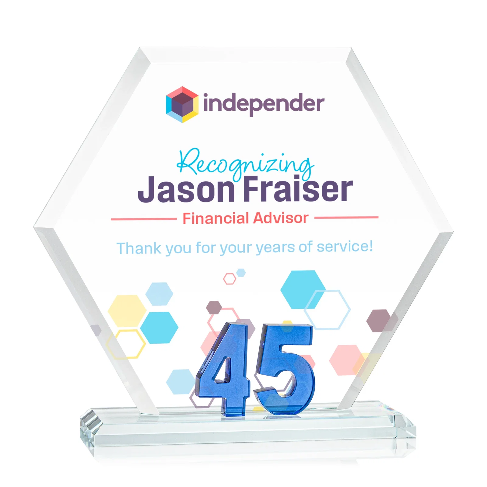 Custom Starfire Crystal Hexagon 45-Year Anniversary Award, awards for graduation ceremonies