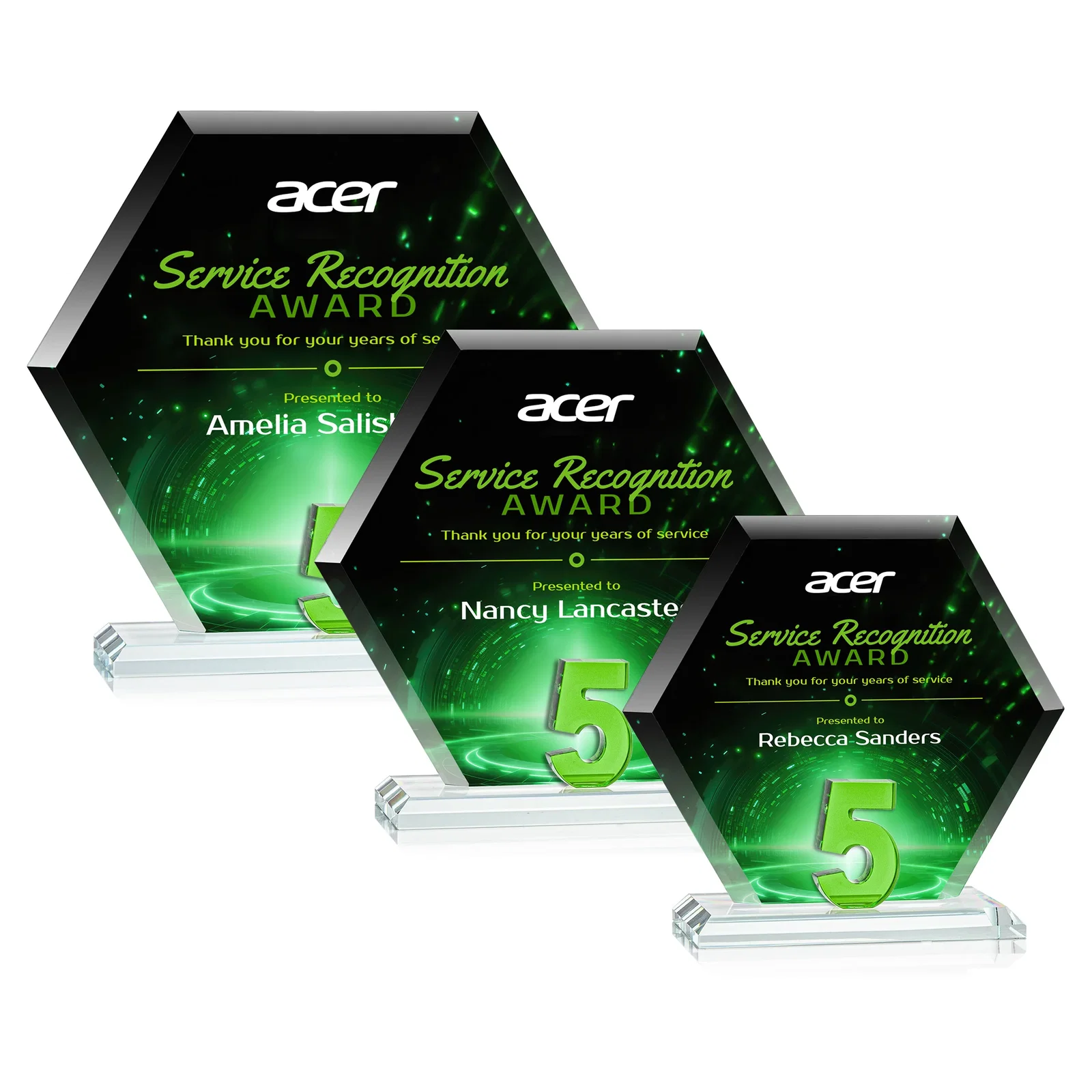 Personalized Starfire Crystal Hexagon 5-Year Anniversary Award, awards for service anniversary gifts