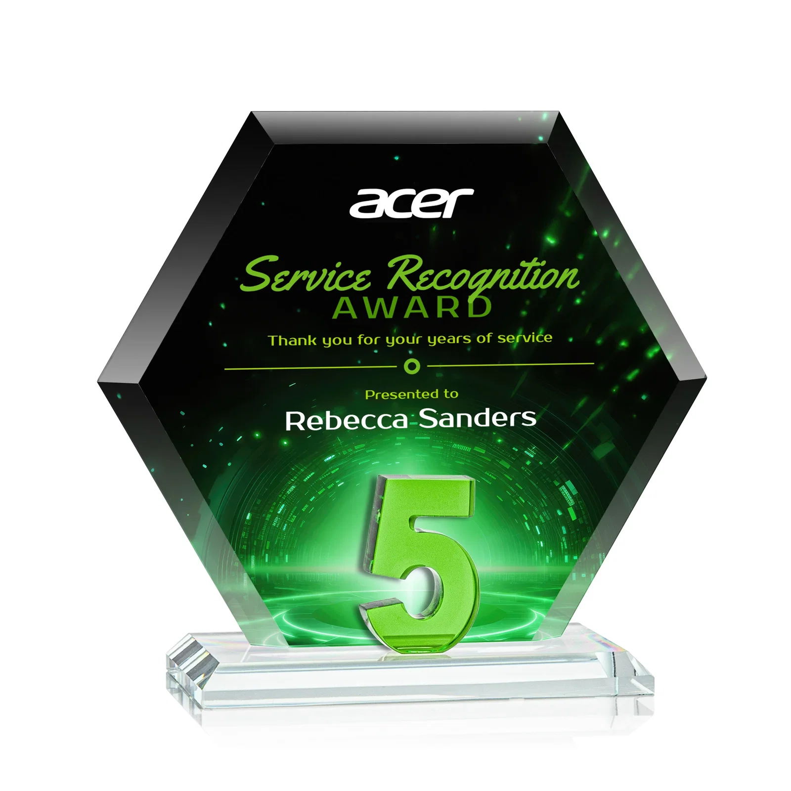 Personalized Starfire Crystal Hexagon 5-Year Anniversary Award, awards for sales achievement awards