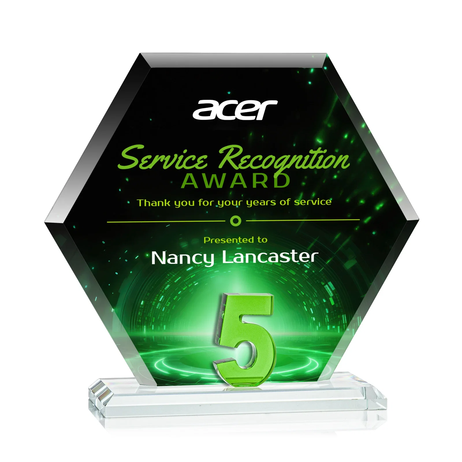 Personalized Starfire Crystal Hexagon 5-Year Anniversary Award, awards for retirement presentations