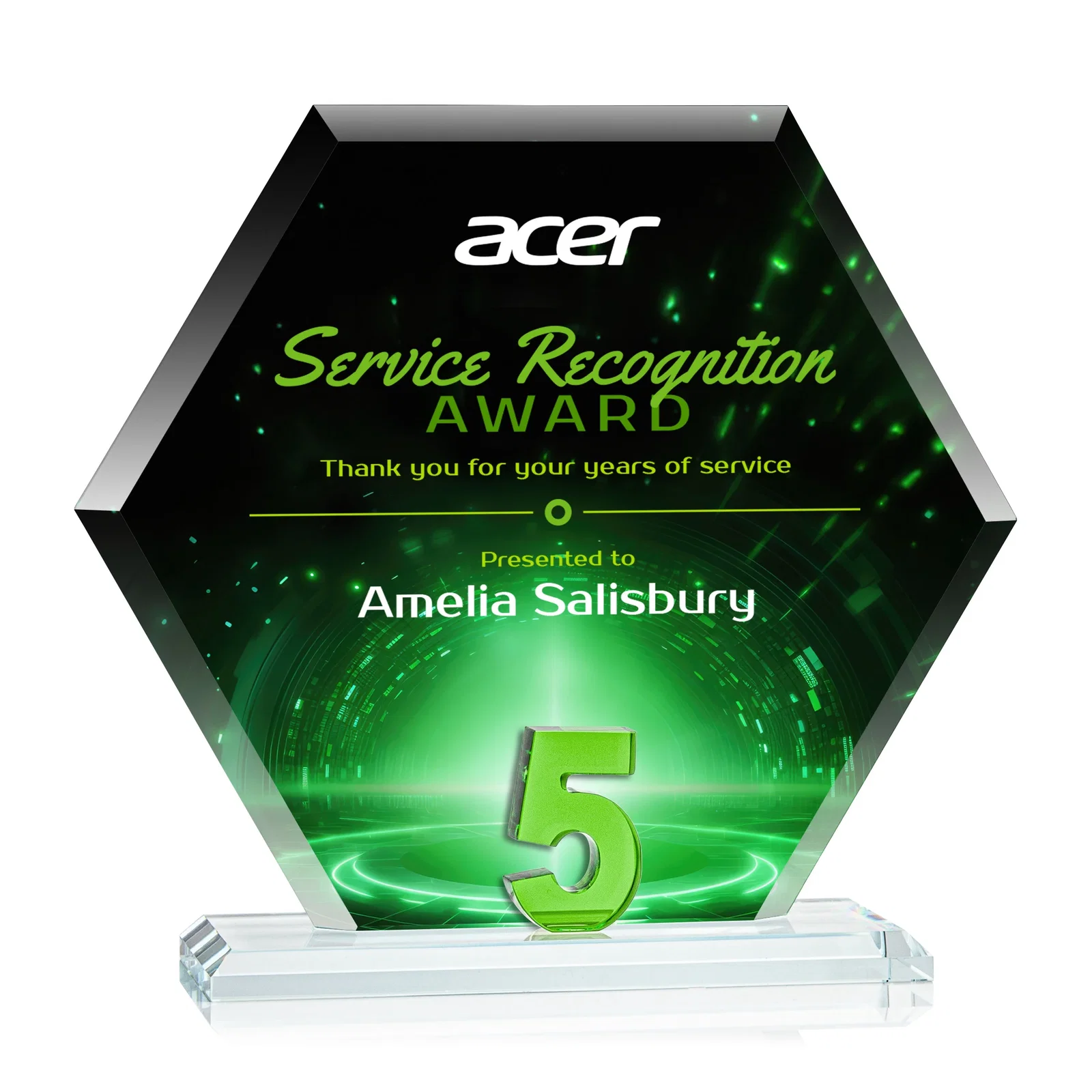 Personalized Starfire Crystal Hexagon 5-Year Anniversary Award, awards for team milestone celebrations