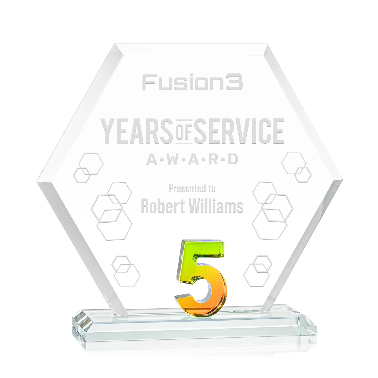 Personalized Starfire Crystal Hexagon 5-Year Anniversary Award, awards for safety achievement programs