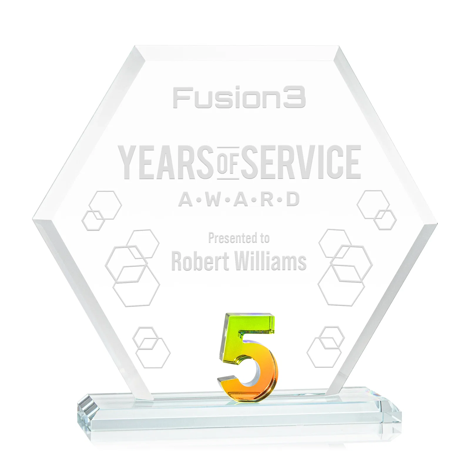 Personalized Starfire Crystal Hexagon 5-Year Anniversary Award, awards for volunteer appreciation