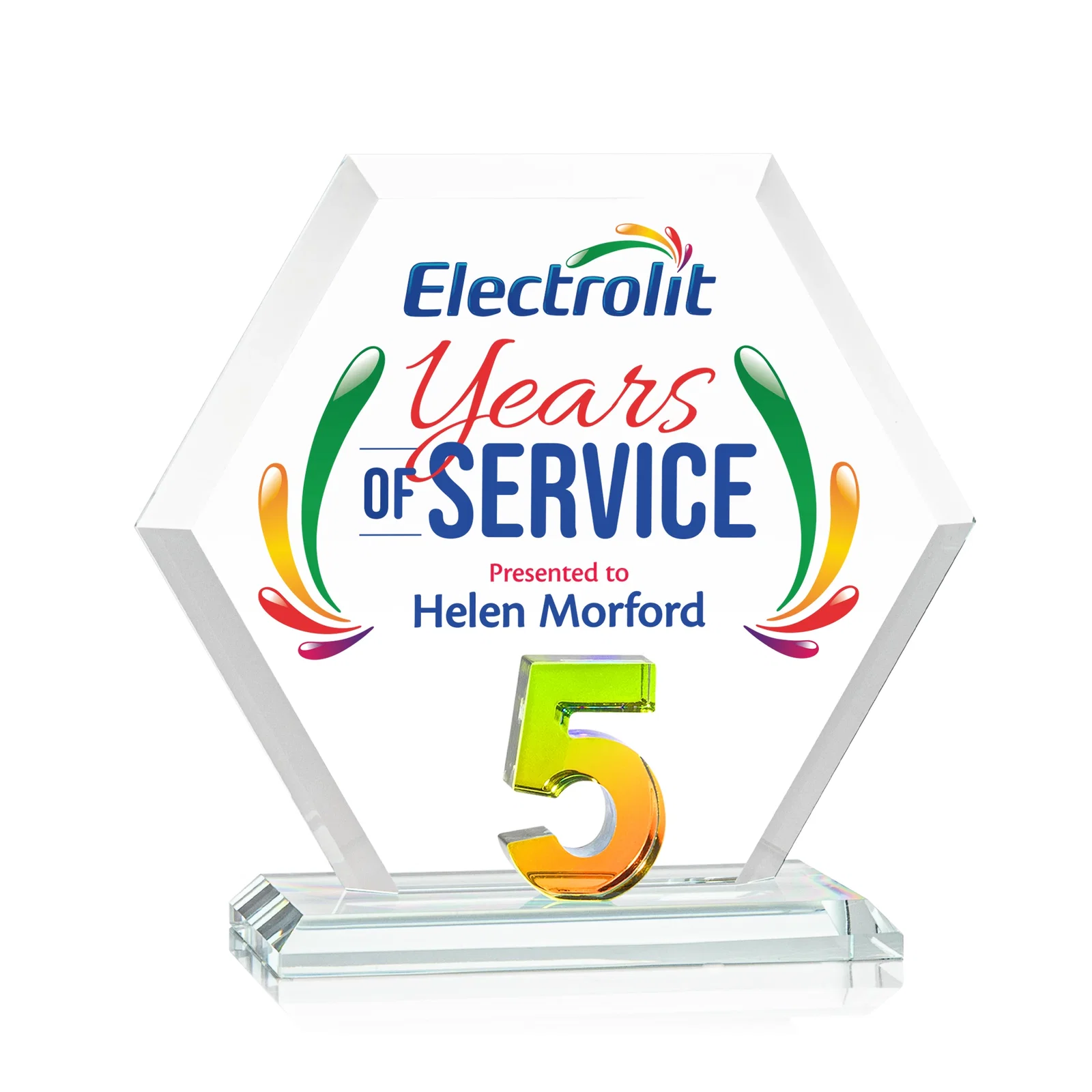 Personalized Starfire Crystal Hexagon 5-Year Anniversary Award, awards for company anniversary events