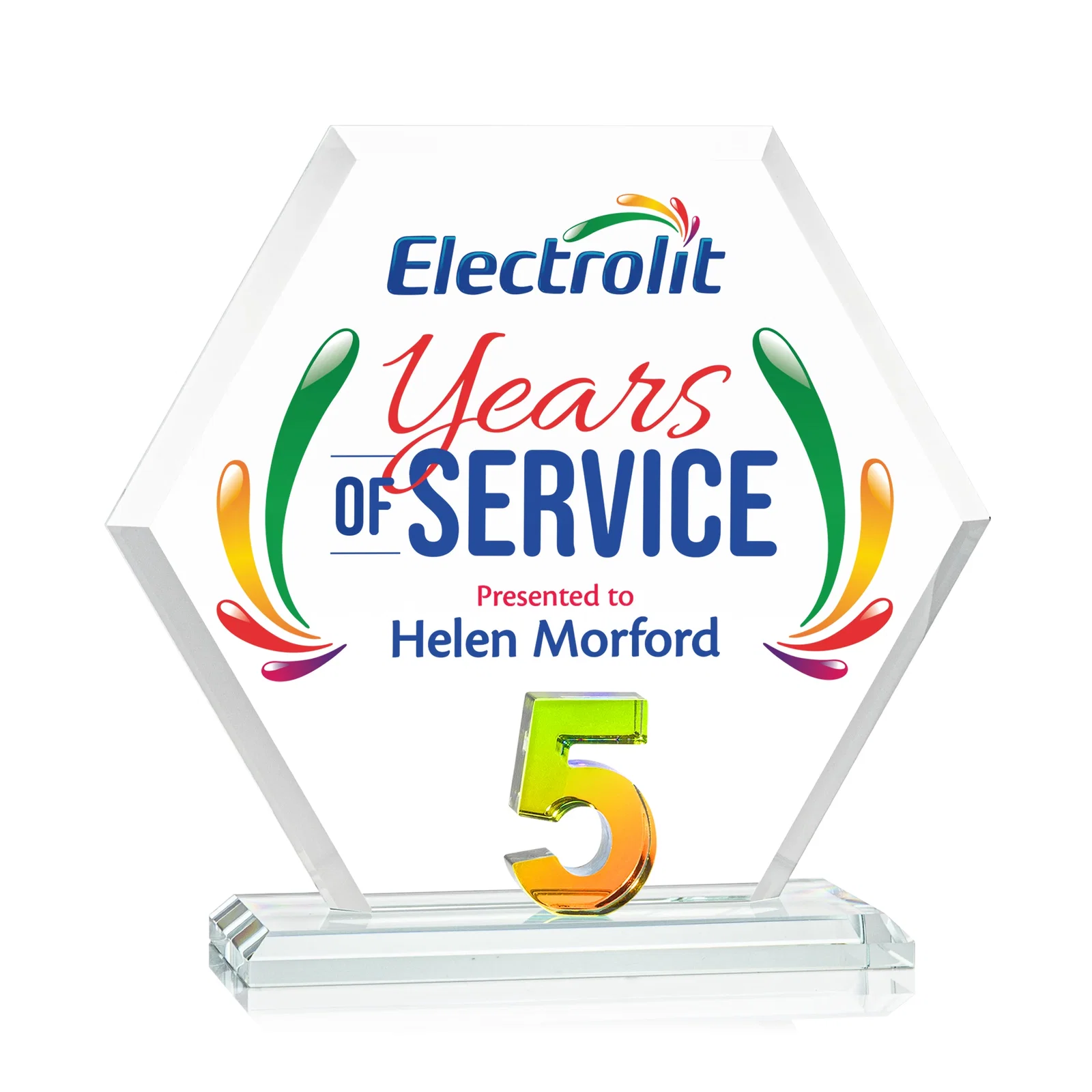 Promotional Starfire Crystal Hexagon 5-Year Anniversary Award, awards for employee recognition