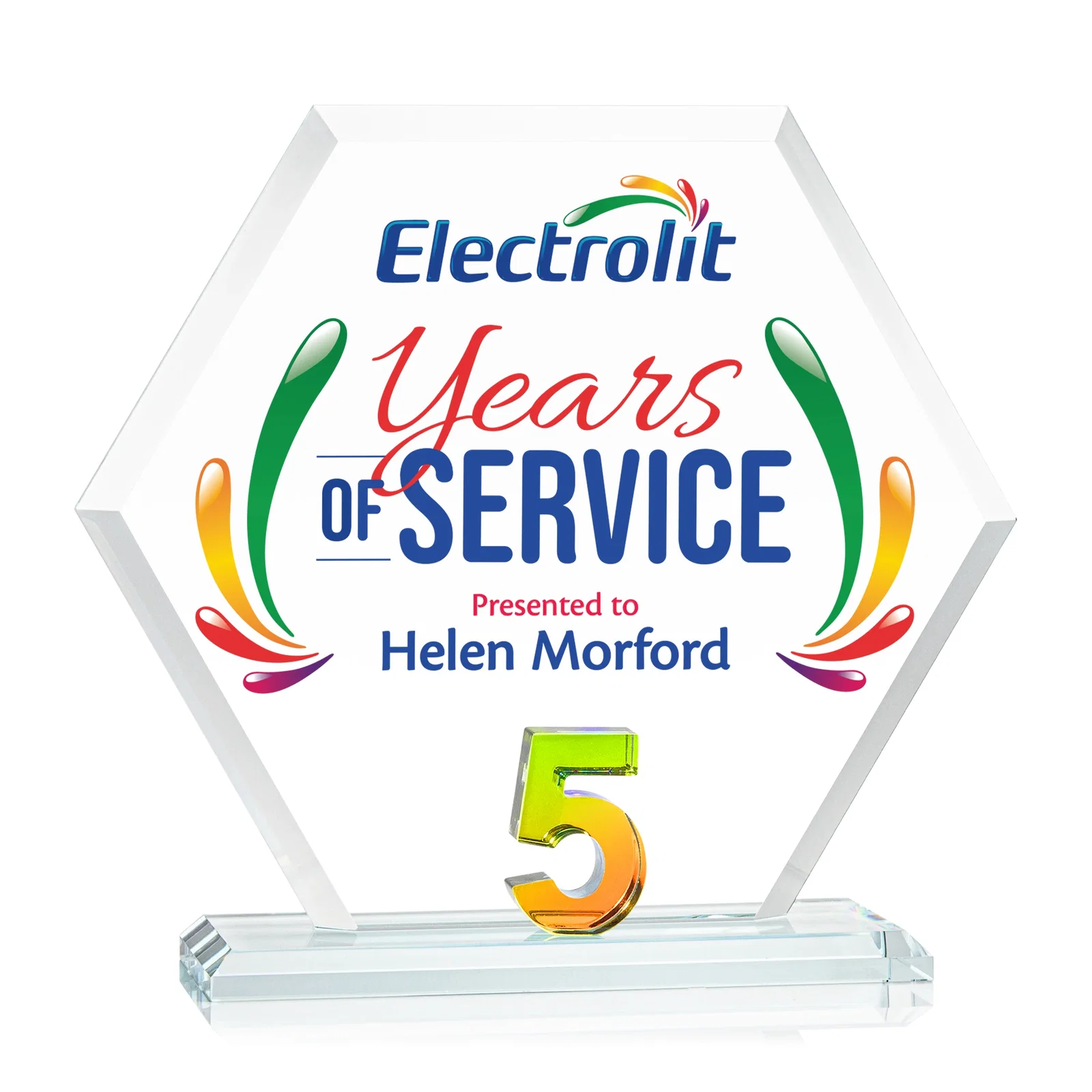 Promotional Starfire Crystal Hexagon 5-Year Anniversary Award, awards for corporate award ceremonies