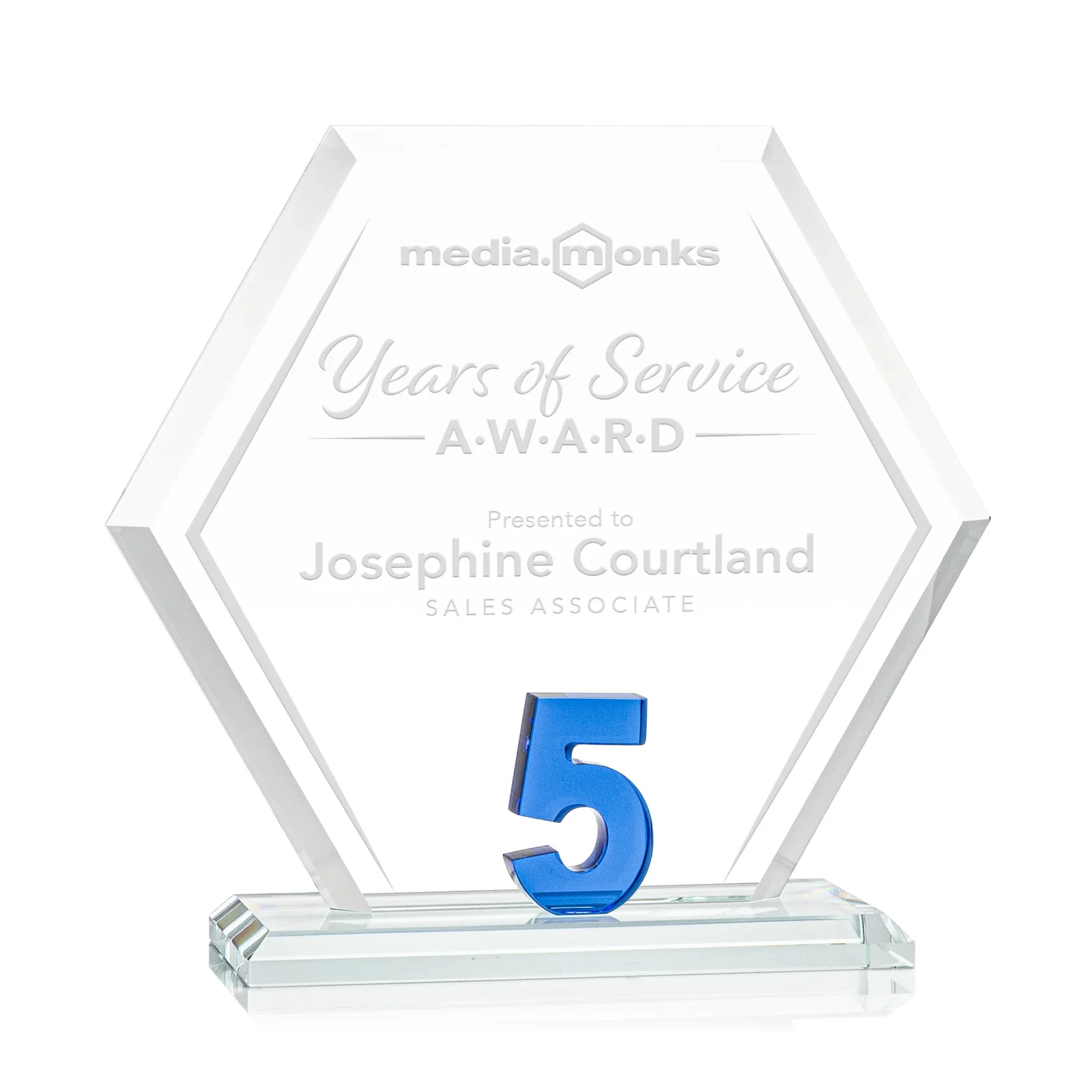 Custom Starfire Crystal Hexagon 5-Year Anniversary Award, awards for service anniversary gifts
