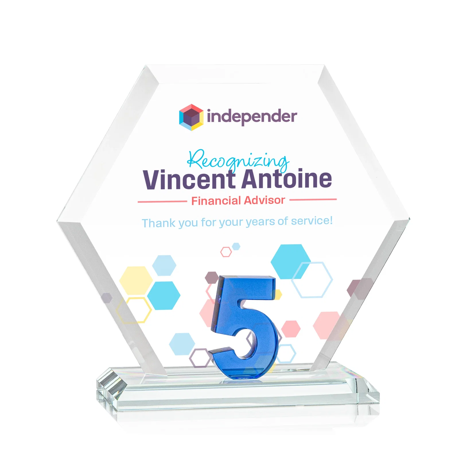 Custom Starfire Crystal Hexagon 5-Year Anniversary Award, awards for team milestone celebrations