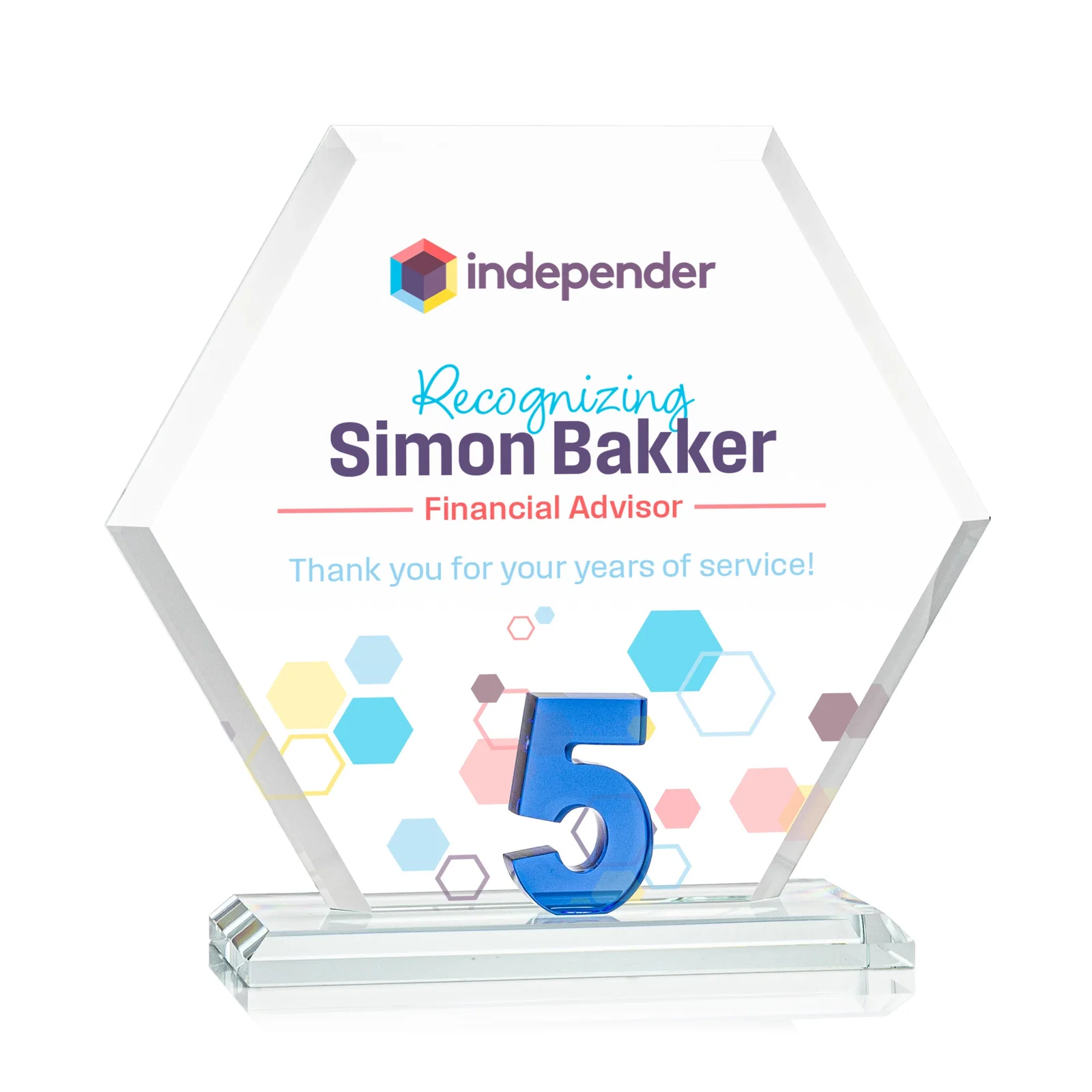 Custom Starfire Crystal Hexagon 5-Year Anniversary Award, awards for donor appreciation
