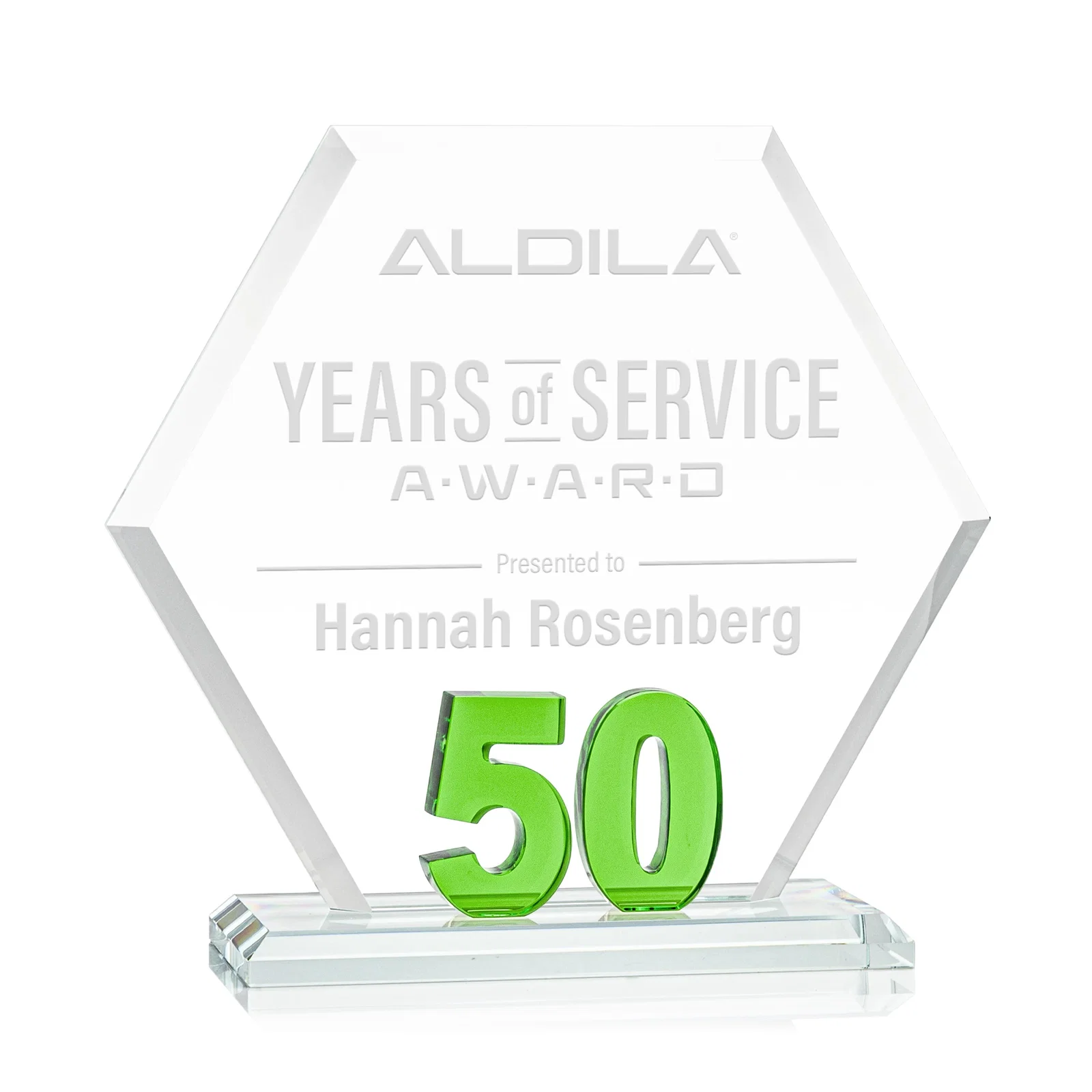 Custom Starfire Crystal Hexagon 50-Year Anniversary Award, awards for company anniversary events