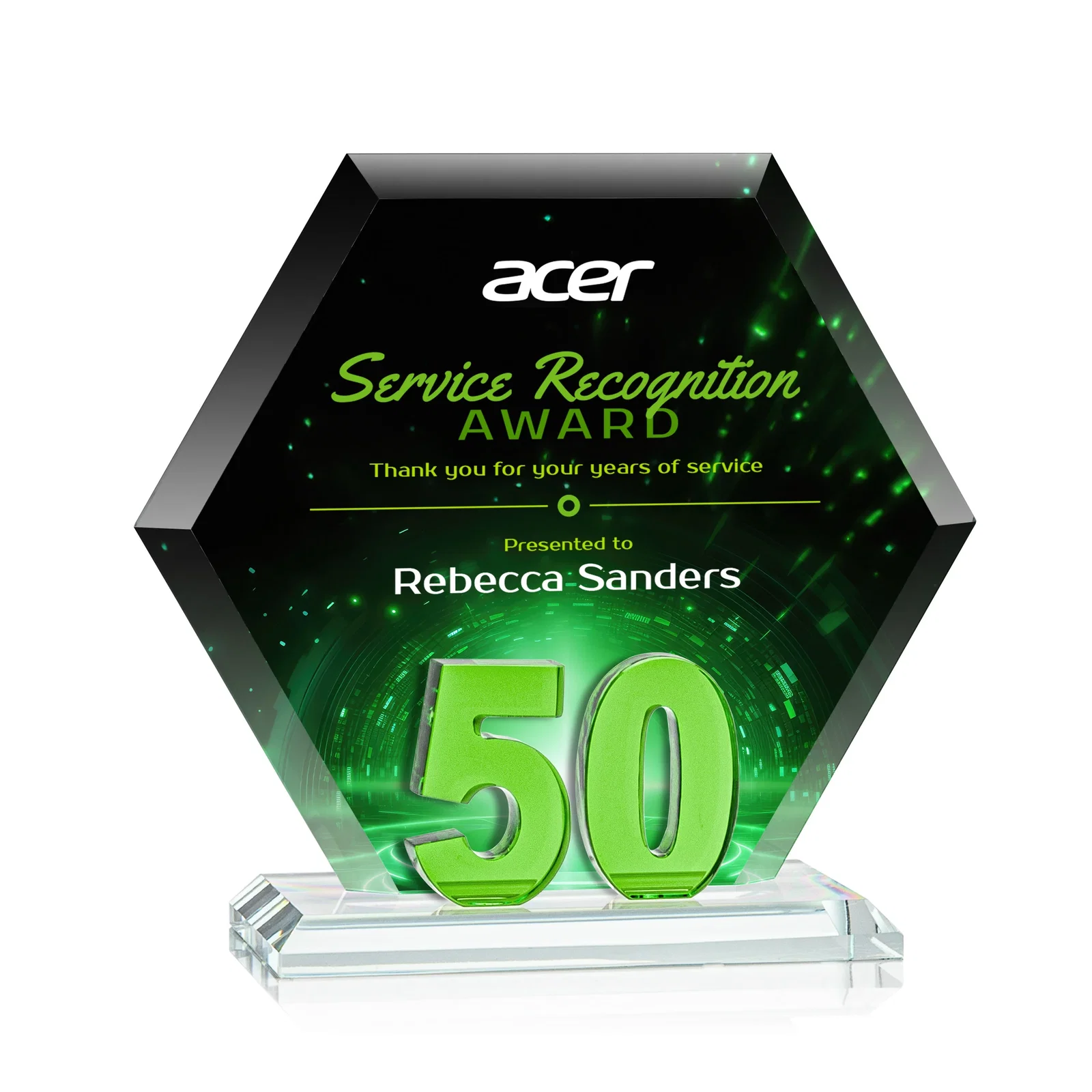 Personalized Starfire Crystal Hexagon 50-Year Anniversary Award, awards for sales achievement awards