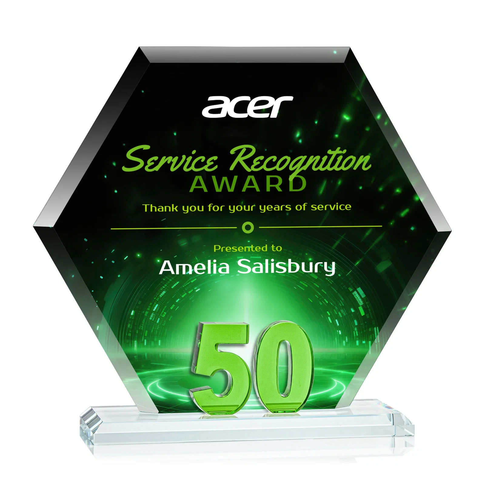 Personalized Starfire Crystal Hexagon 50-Year Anniversary Award, awards for team milestone celebrations