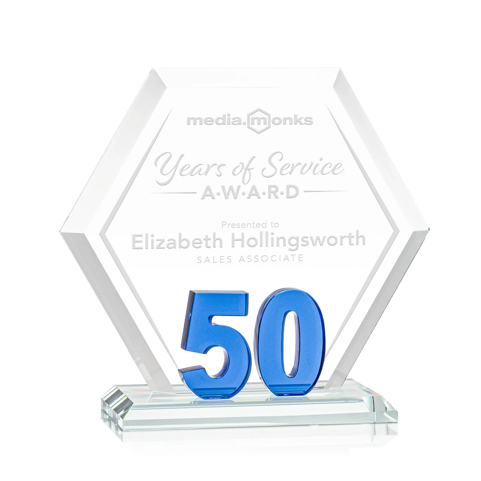 Custom Starfire Crystal Hexagon 50-Year Anniversary Award, awards for corporate award ceremonies