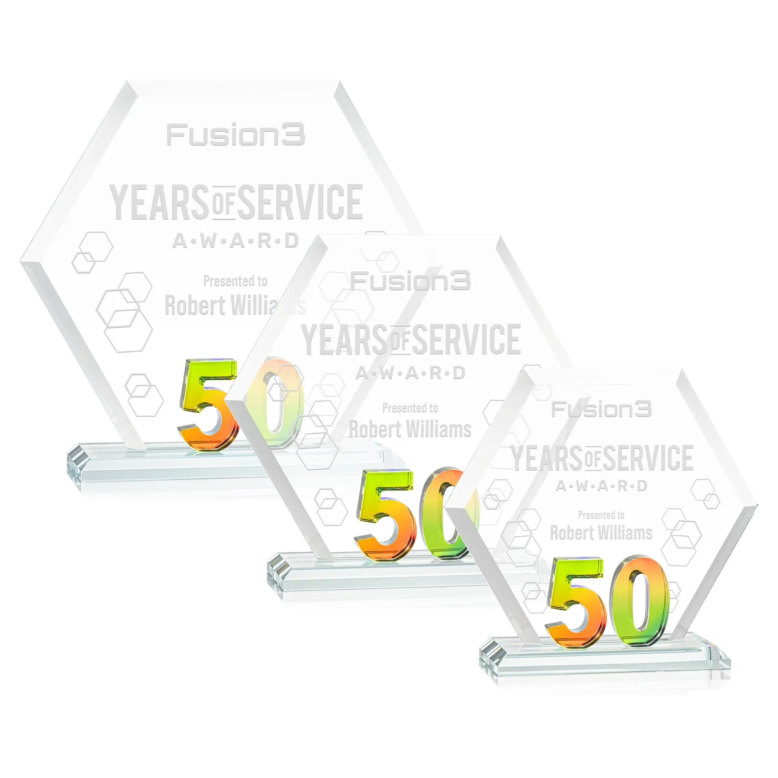 Personalized Starfire Crystal Hexagon 50-Year Anniversary Award, awards for donor appreciation
