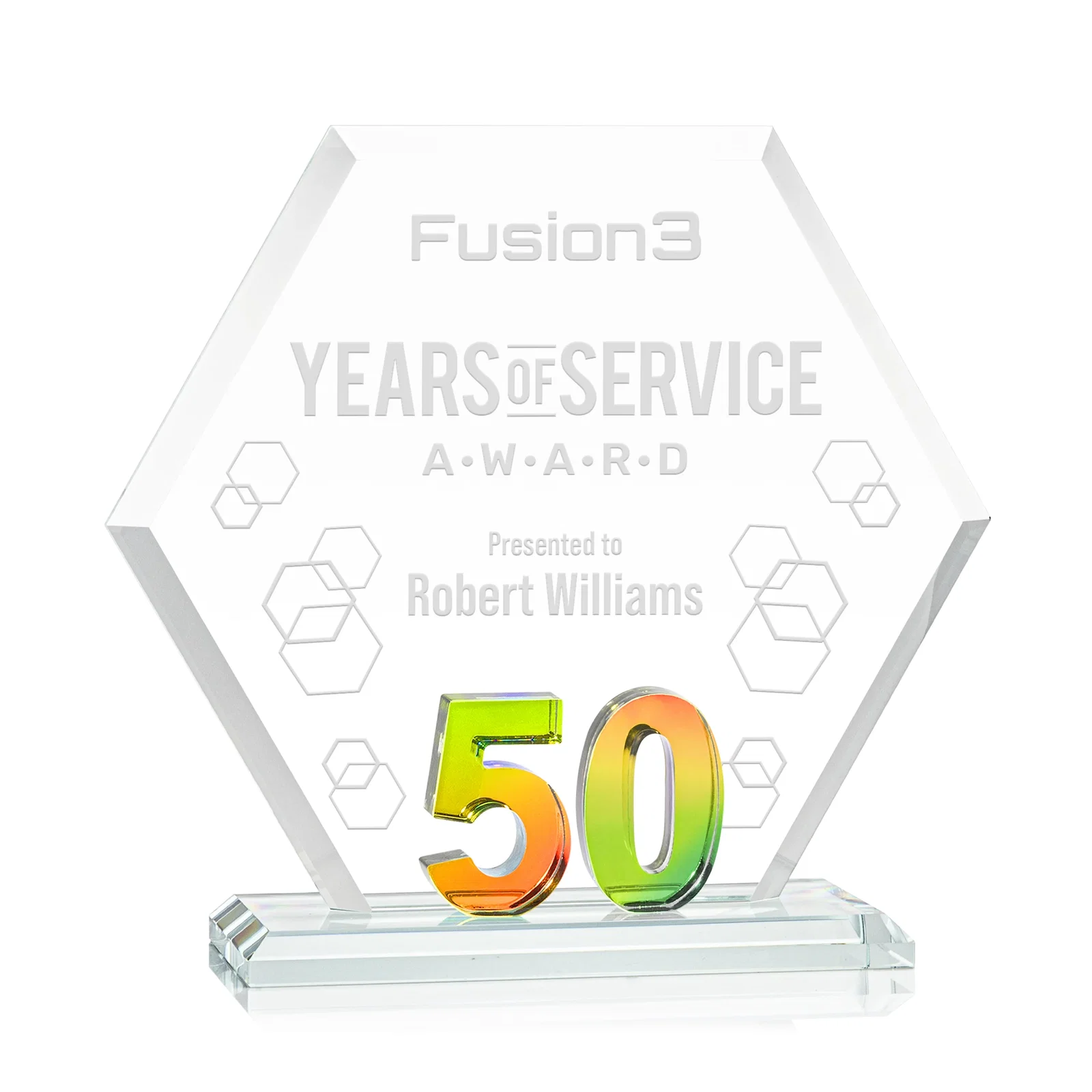 Personalized Starfire Crystal Hexagon 50-Year Anniversary Award, awards for safety achievement programs