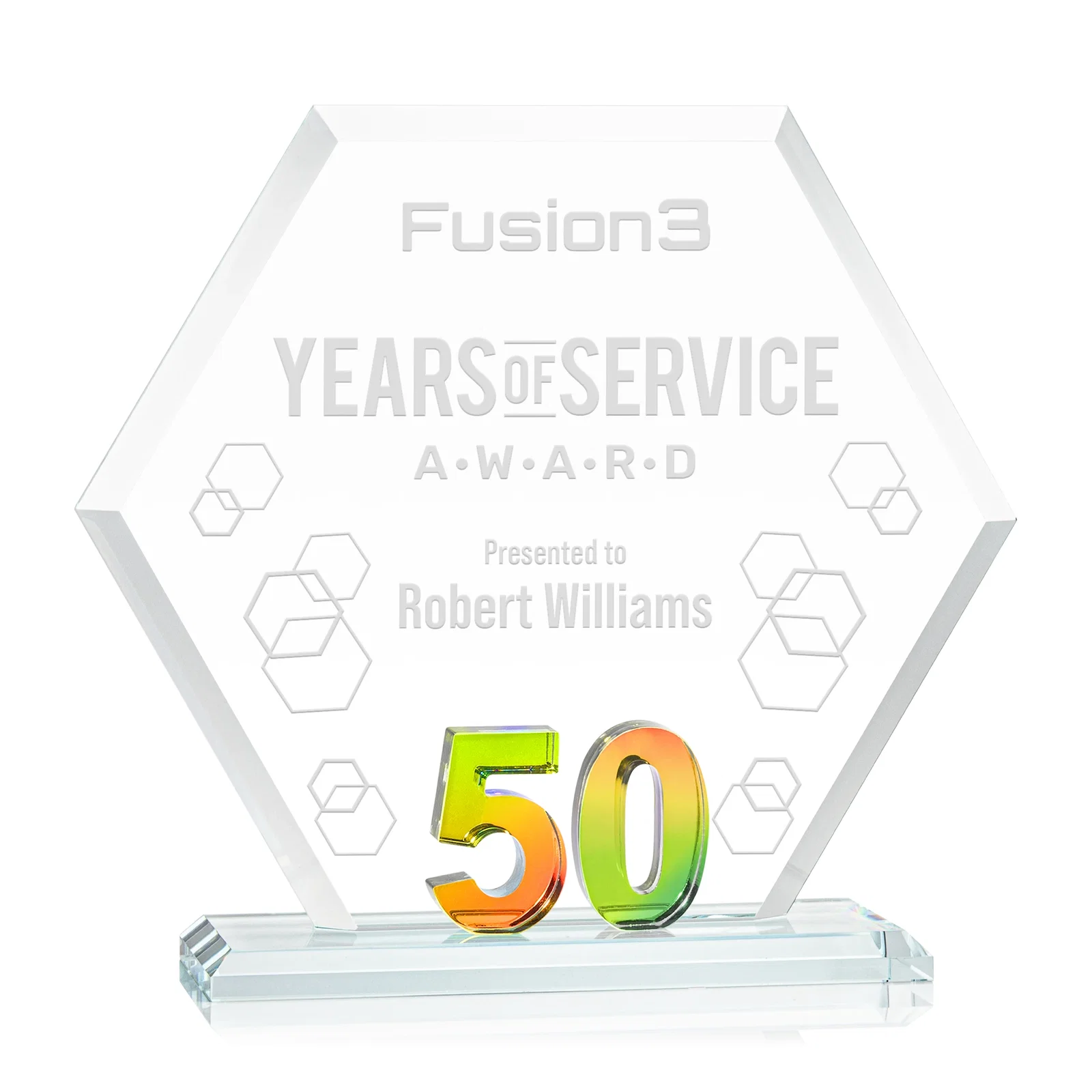 Personalized Starfire Crystal Hexagon 50-Year Anniversary Award, awards for volunteer appreciation
