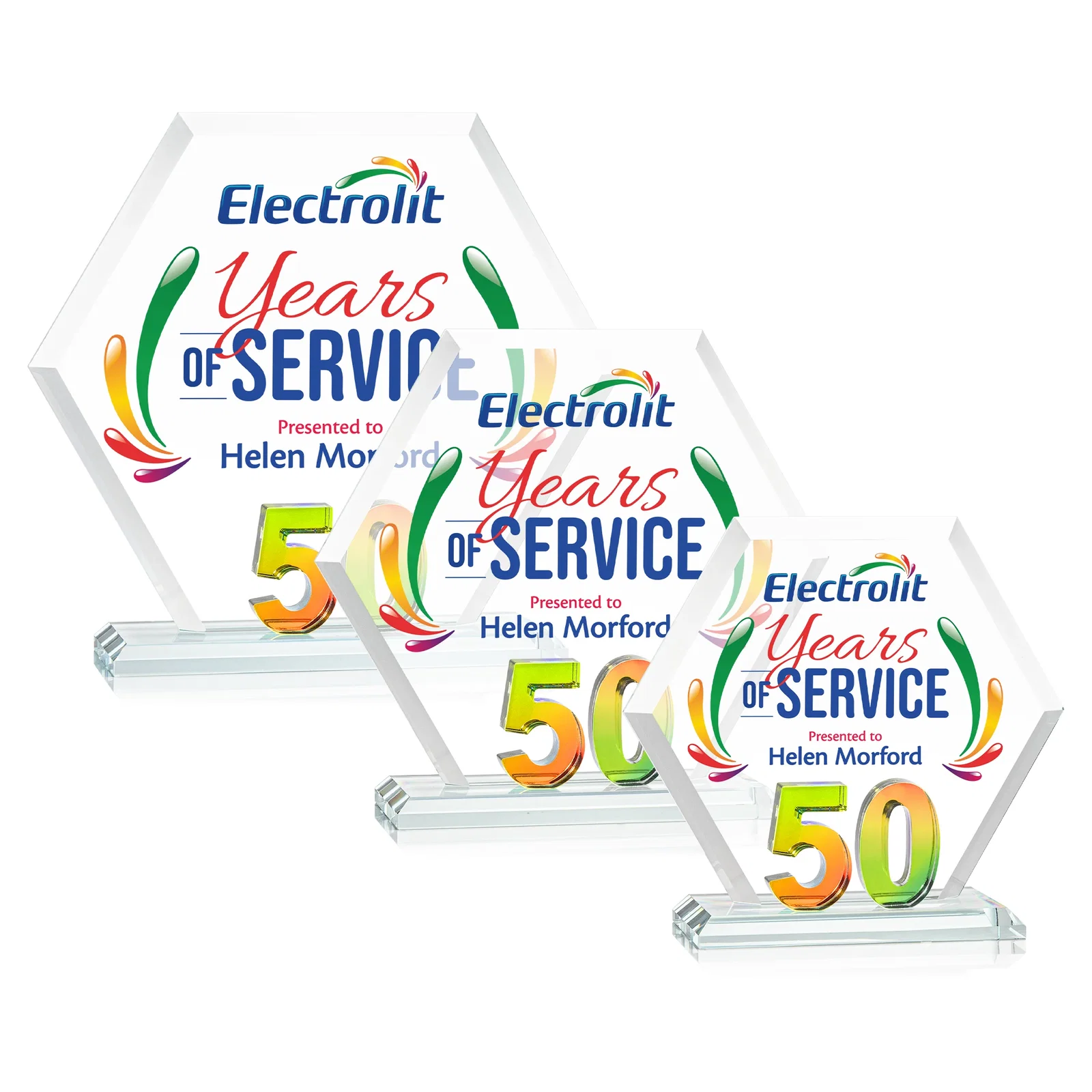 Personalized Starfire Crystal Hexagon 50-Year Anniversary Award, awards for dealer and partner awards