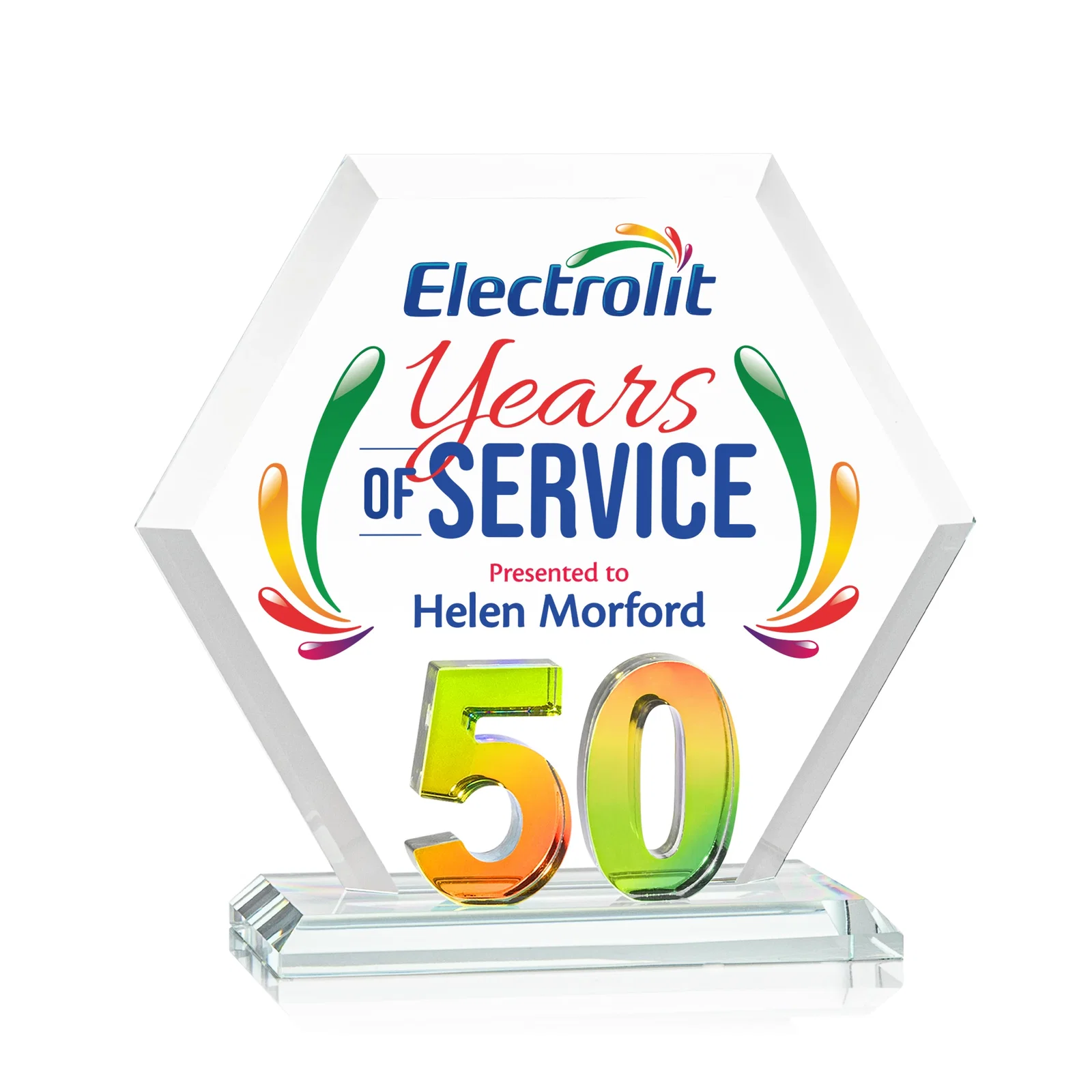 Personalized Starfire Crystal Hexagon 50-Year Anniversary Award, awards for company anniversary events