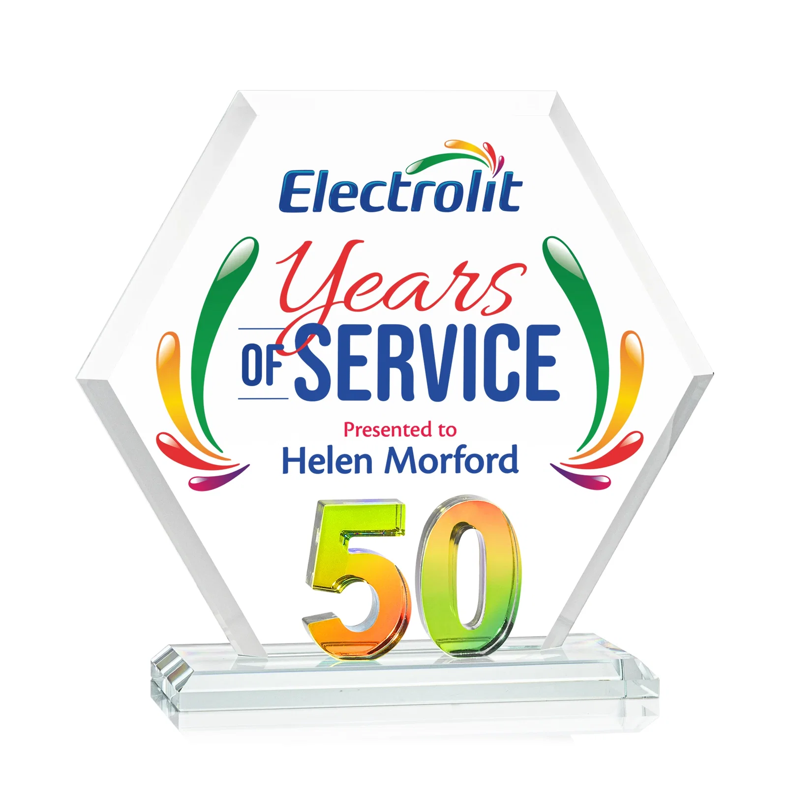 Promotional Starfire Crystal Hexagon 50-Year Anniversary Award, awards for employee recognition