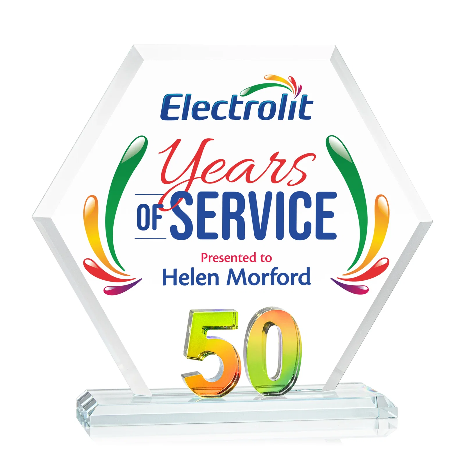 Promotional Starfire Crystal Hexagon 50-Year Anniversary Award, awards for corporate award ceremonies