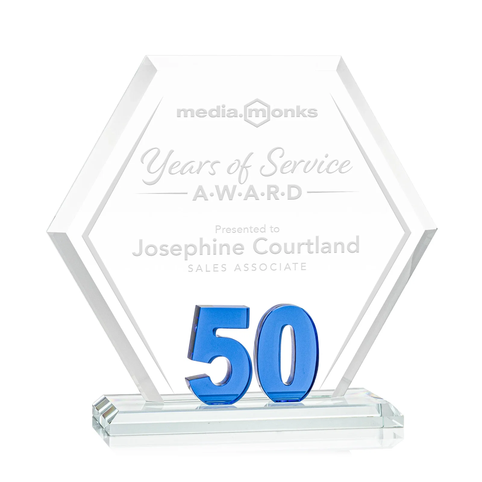 Custom Starfire Crystal Hexagon 50-Year Anniversary Award, awards for service anniversary gifts