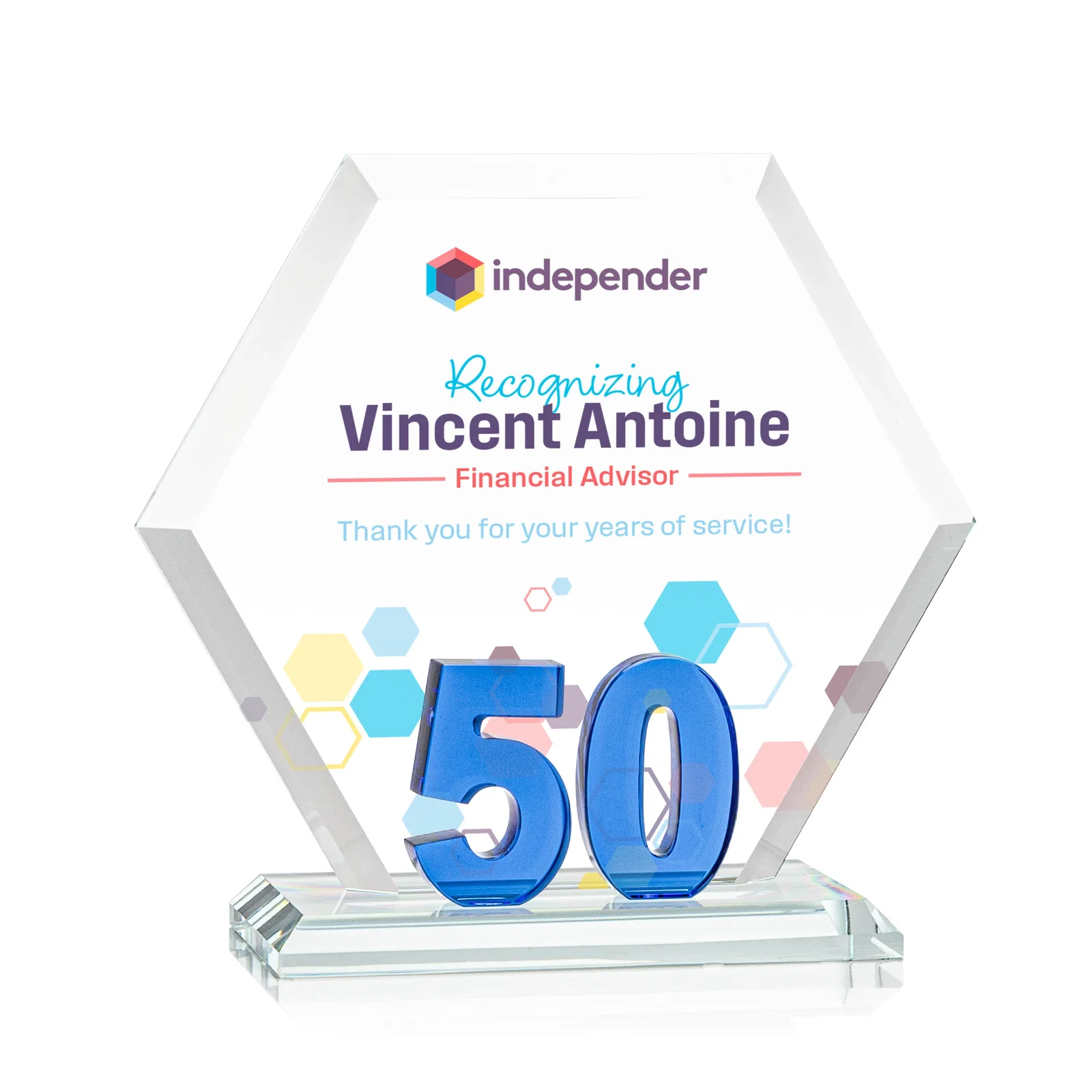 Custom Starfire Crystal Hexagon 50-Year Anniversary Award, awards for donor appreciation