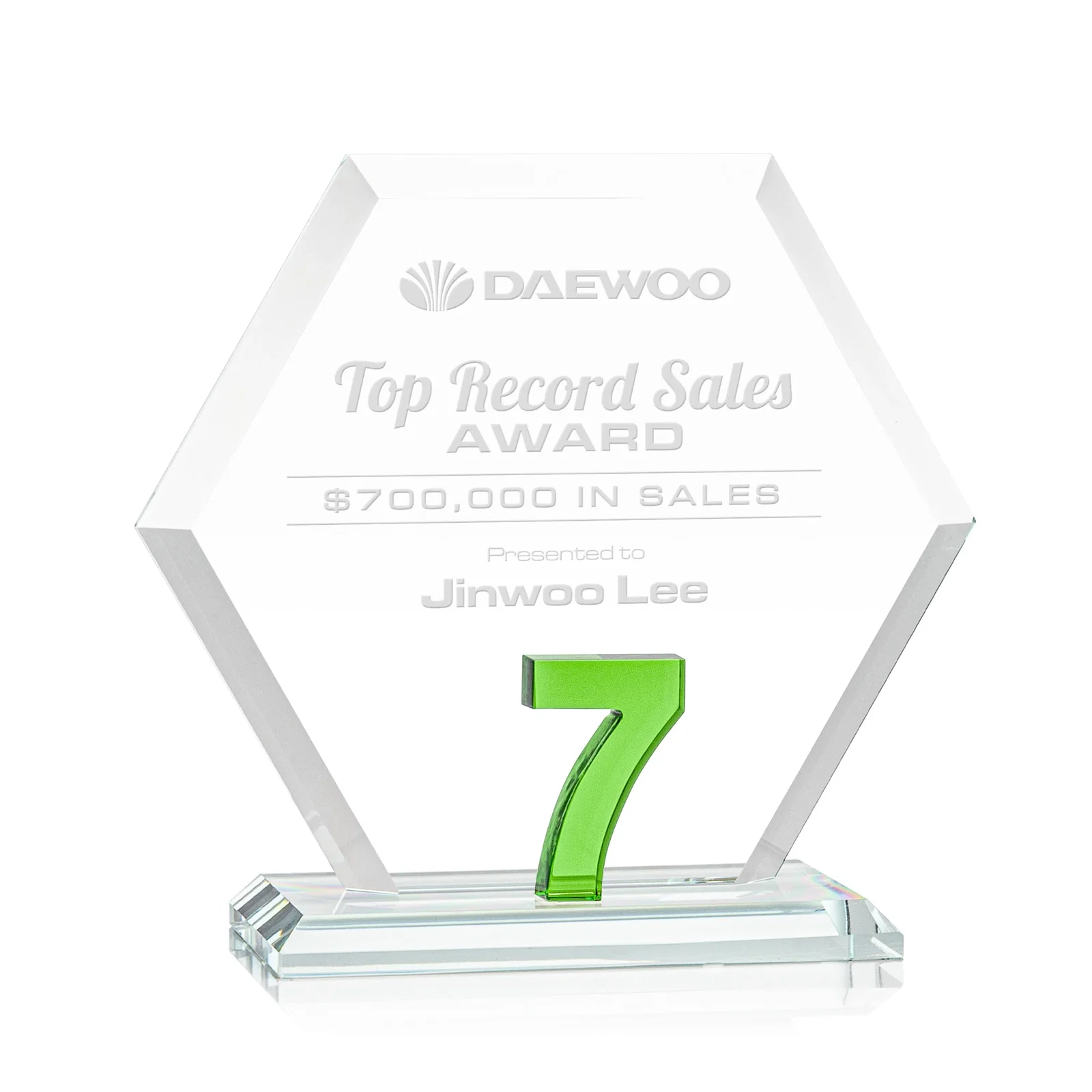 Personalized Starfire Crystal Hexagon Award With Selectable Number 0-99, awards for retirement presentations
