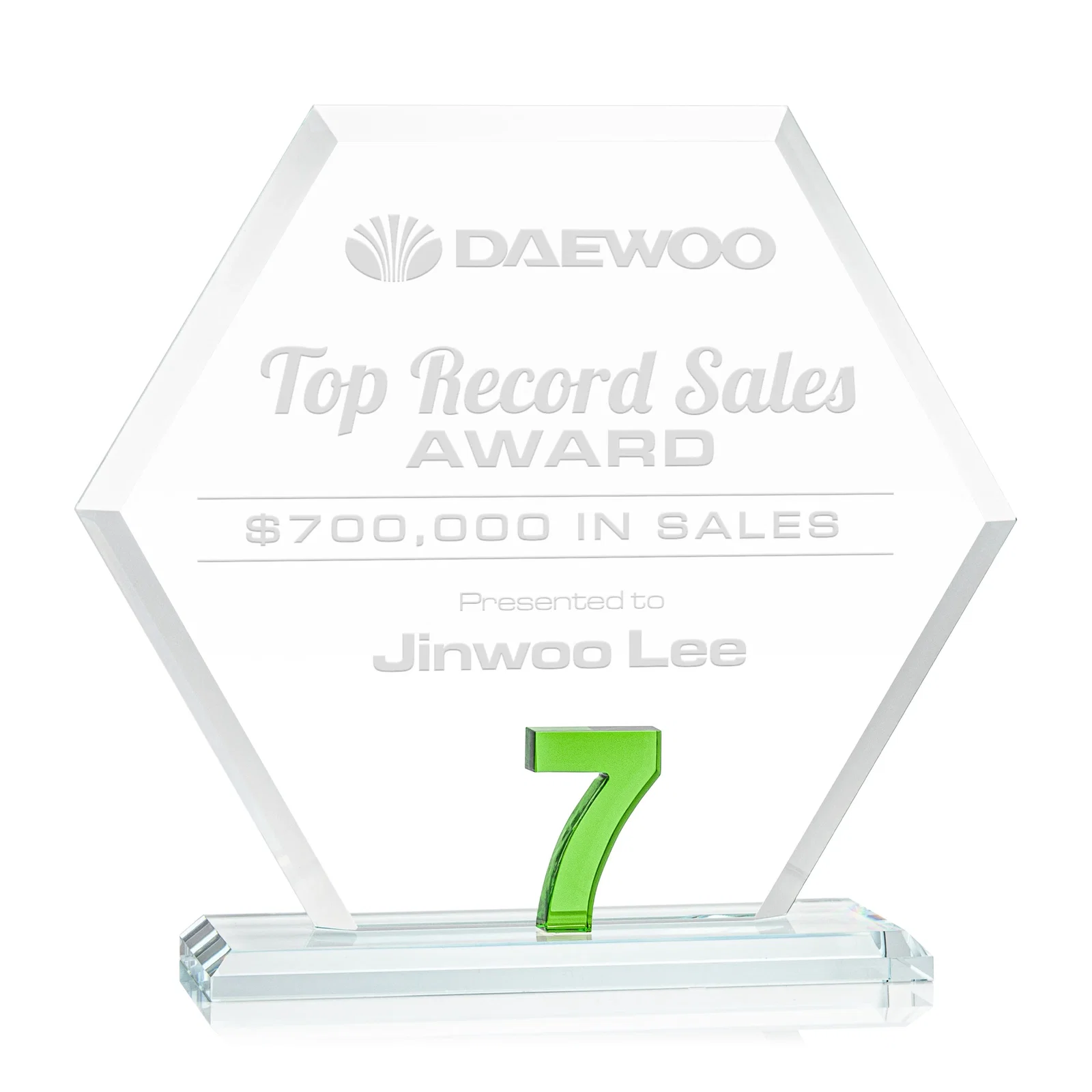 Personalized Starfire Crystal Hexagon Award With Selectable Number 0-99, awards for donor appreciation