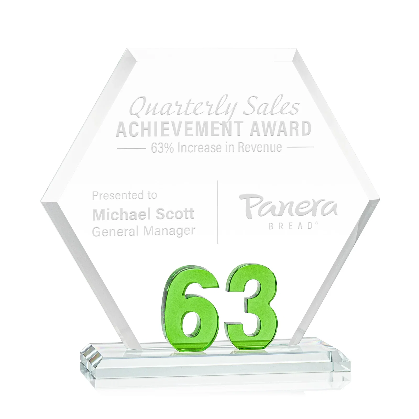 Personalized Starfire Crystal Hexagon Award With Selectable Number 0-99, awards for safety achievement programs