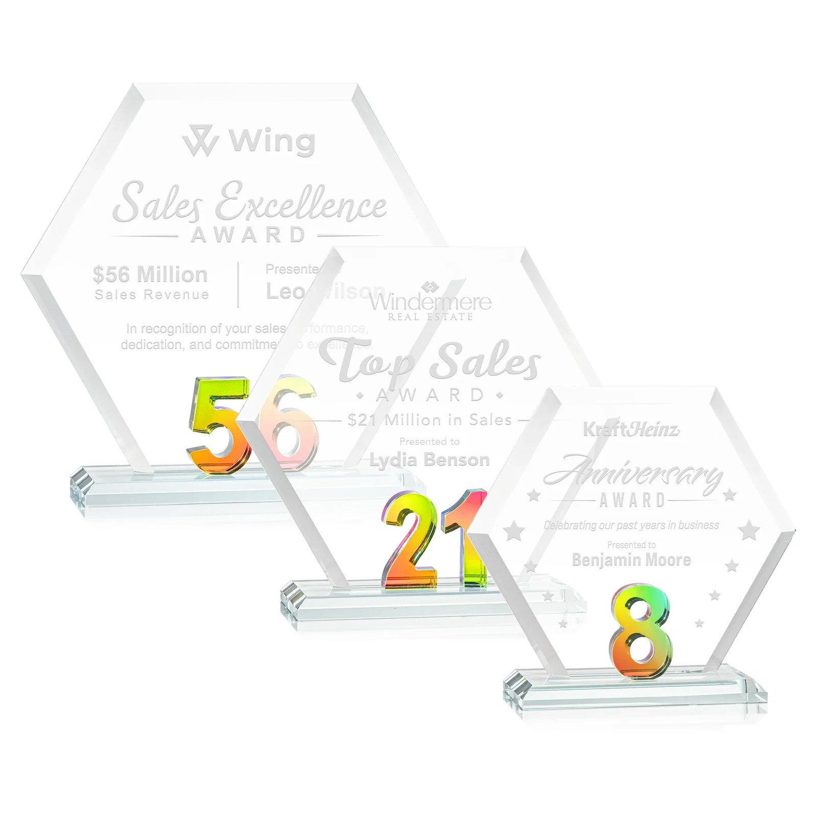 Personalized Starfire Crystal Hexagon Award With Selectable Number 0-99, awards for company anniversary events