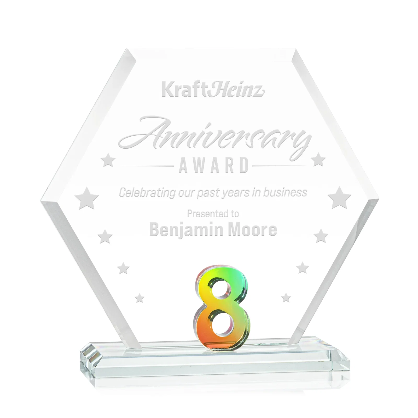 Promotional Starfire Crystal Hexagon Award With Selectable Number 0-99, awards for corporate award ceremonies