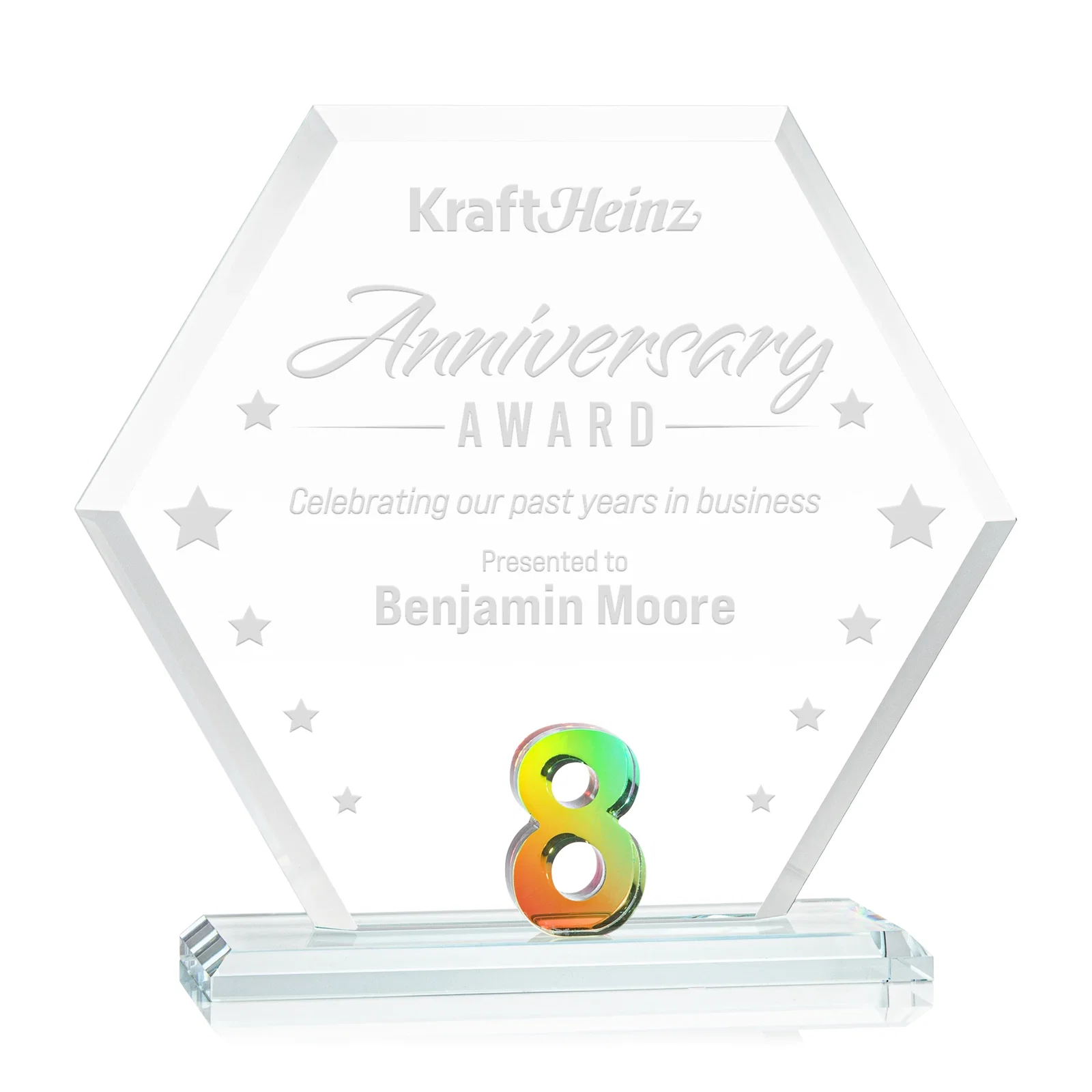 Promotional Starfire Crystal Hexagon Award With Selectable Number 0-99, awards for service anniversary gifts