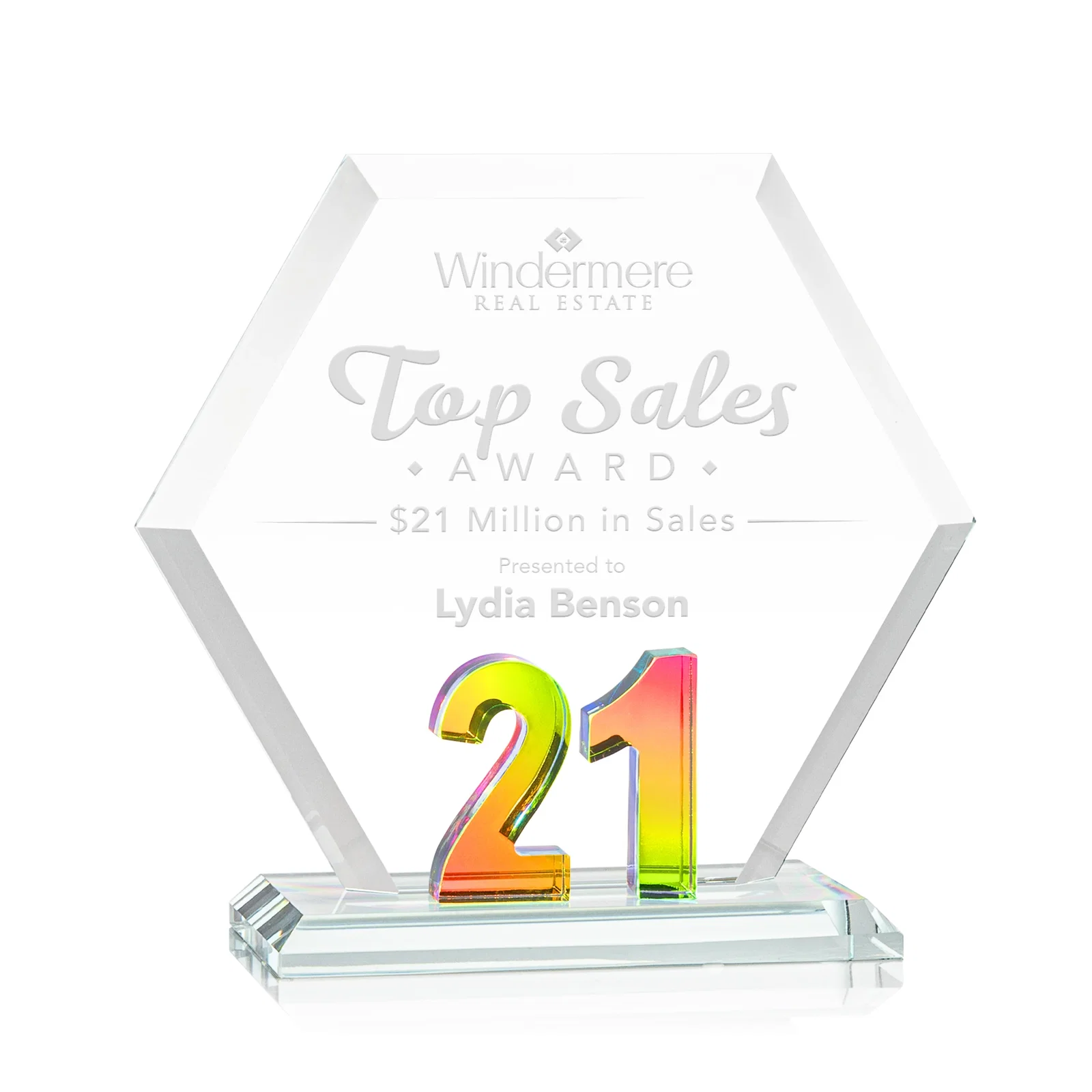 Promotional Starfire Crystal Hexagon Award With Selectable Number 0-99, awards for sales achievement awards