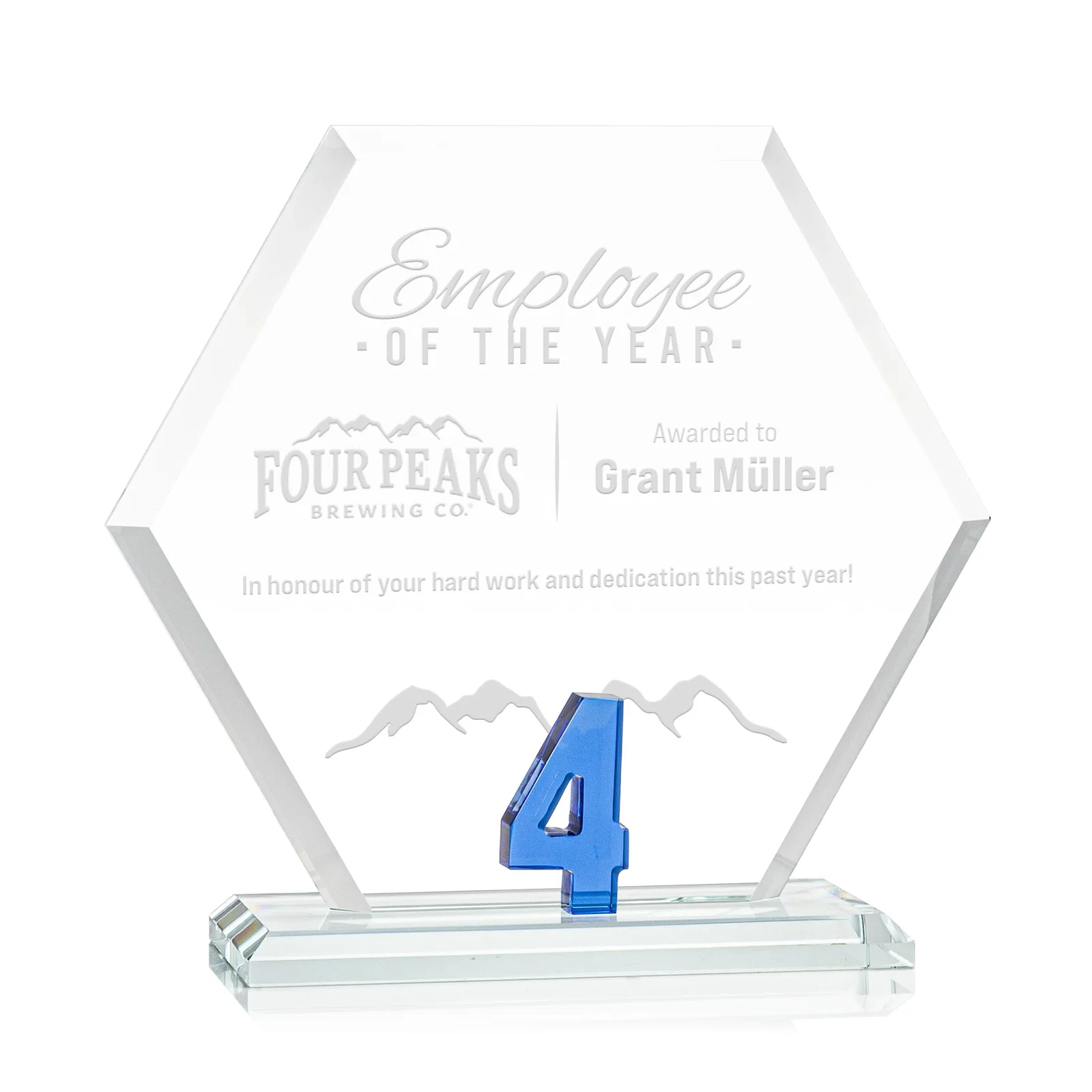 Custom Starfire Crystal Hexagon Award With Selectable Number 0-99, awards for service anniversary gifts