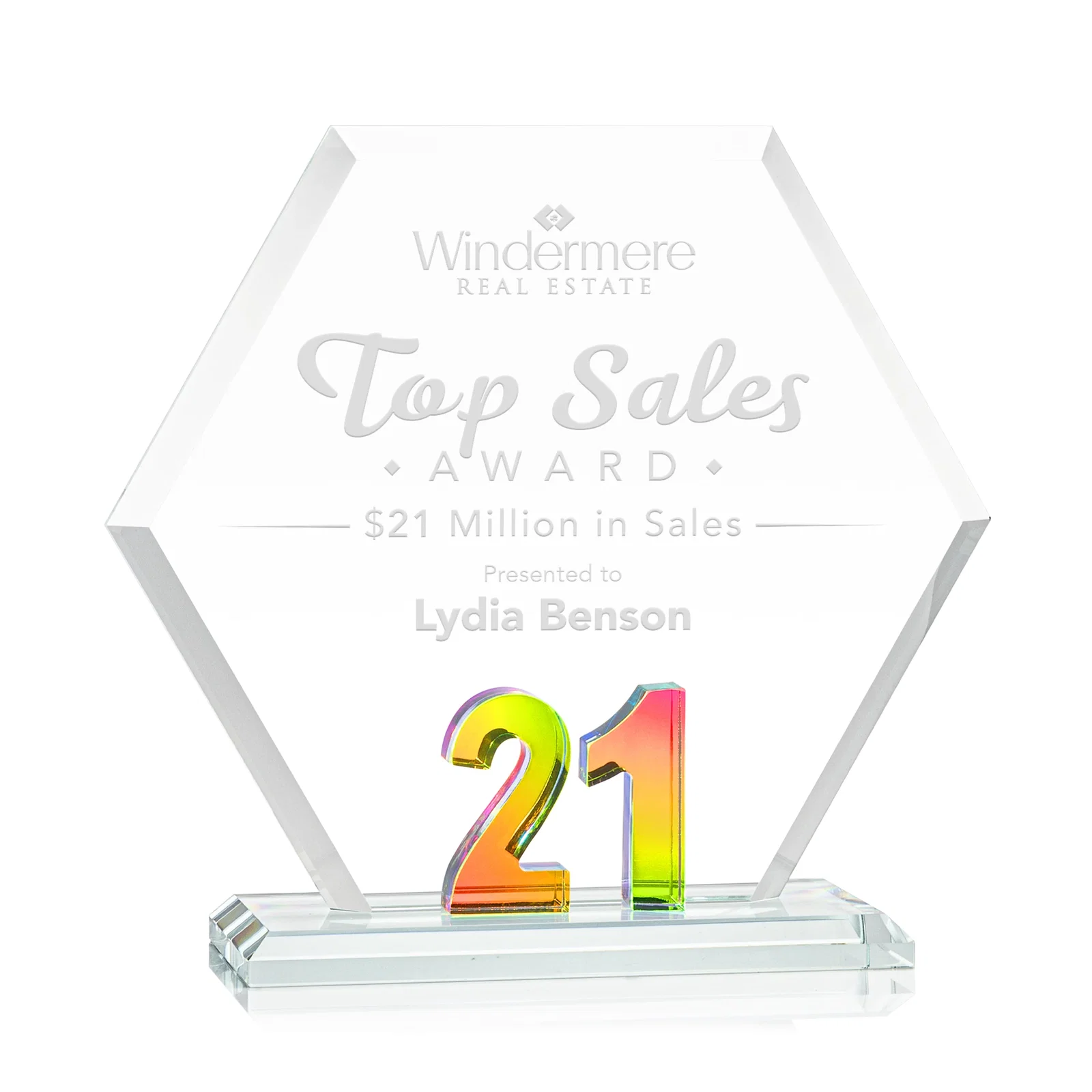 Promotional Starfire Crystal Hexagon Award With Selectable Number 0-99, awards for retirement presentations