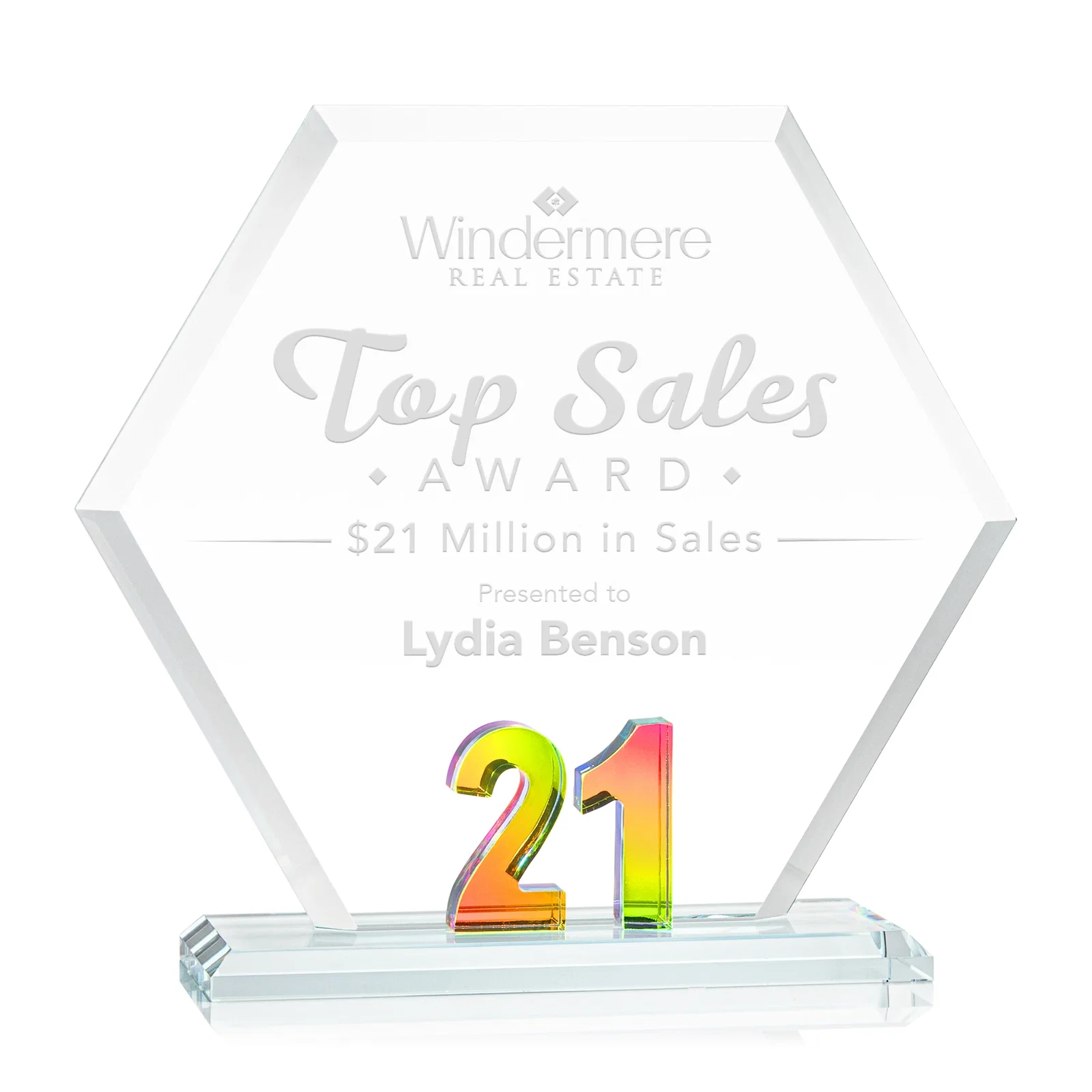 Promotional Starfire Crystal Hexagon Award With Selectable Number 0-99, awards for team milestone celebrations
