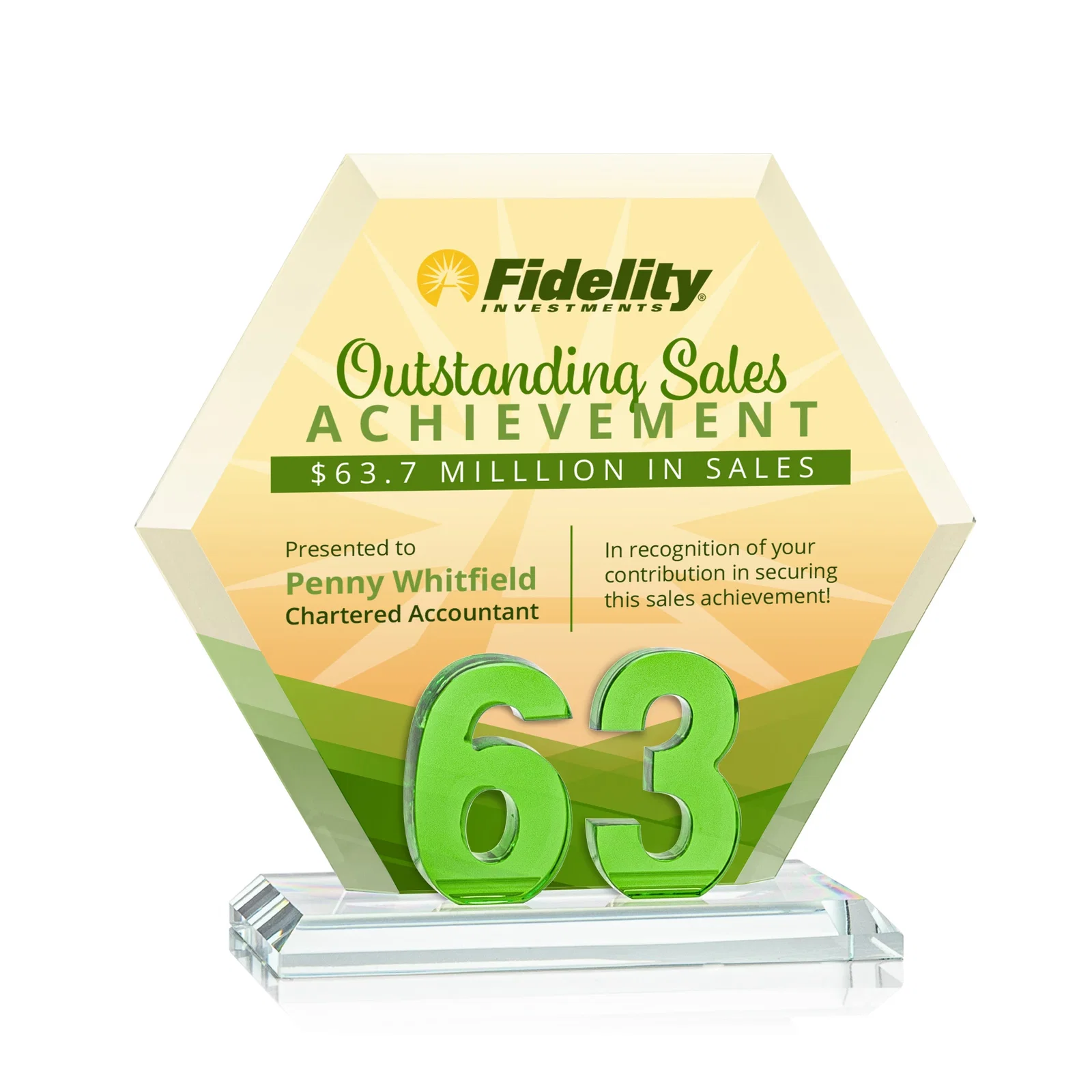 Promotional Starfire Crystal Hexagon Award With Selectable Number 0-99, awards for dealer and partner awards